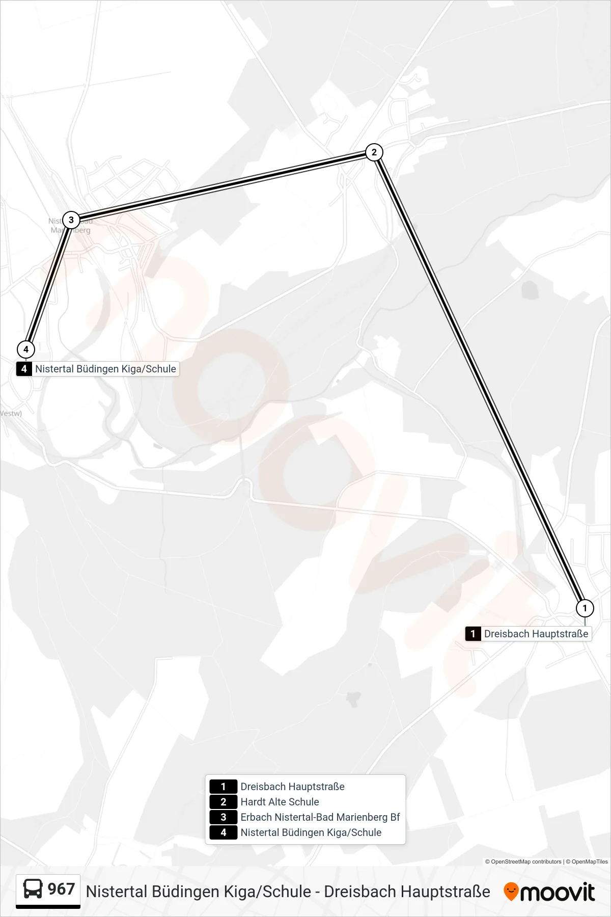 967 bus Line (Nistertal Büdingen Kiga/Schule) route and stops on a map