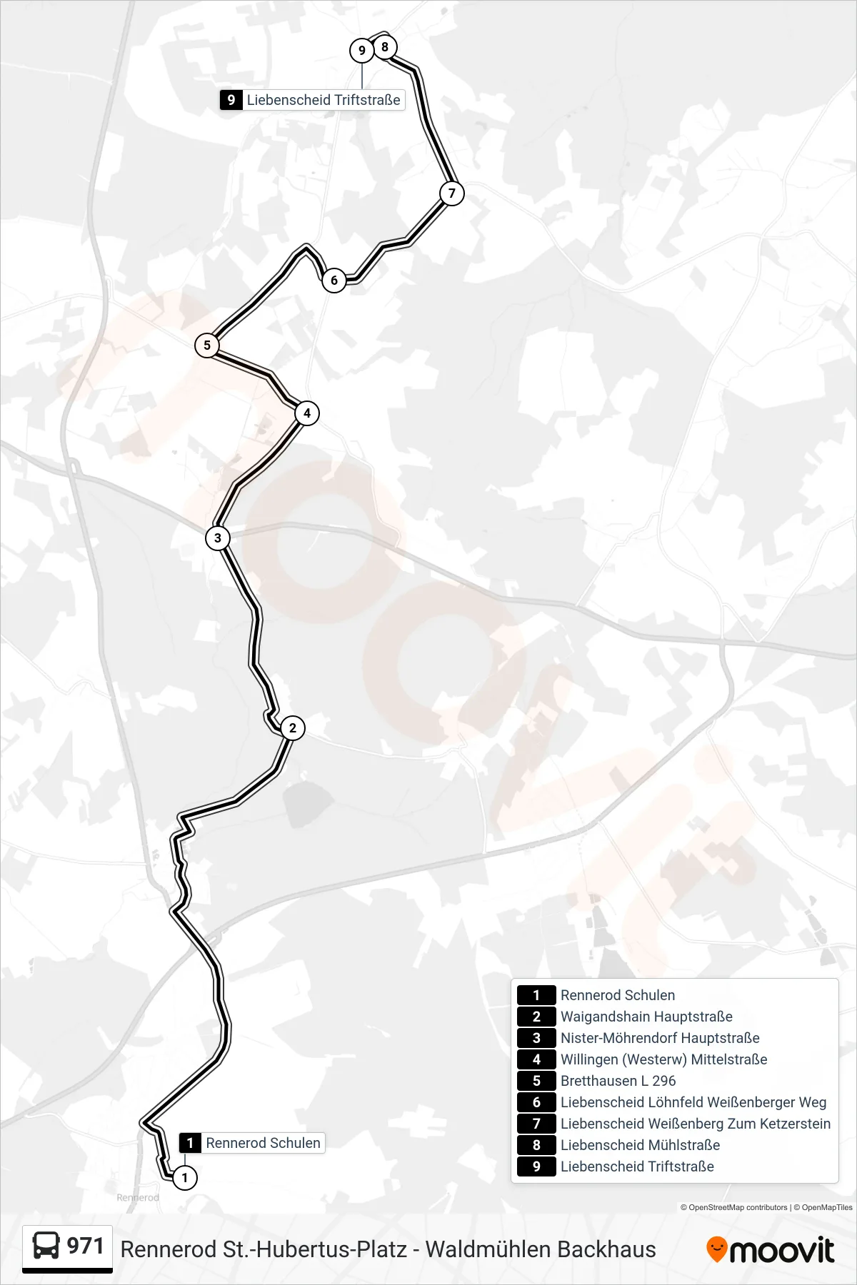 971 bus Line (Liebenscheid Triftstraße) route and stops on a map