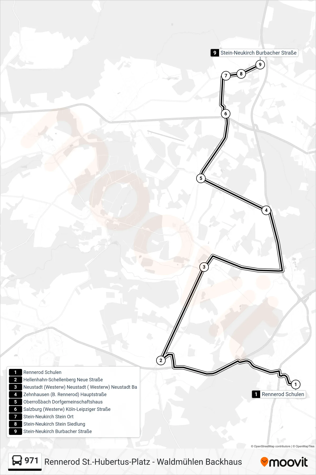 971 bus Line (Stein-Neukirch Burbacher Straße) route and stops on a map