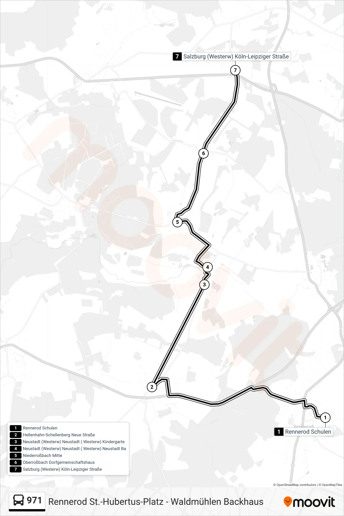 971 bus Line (Salzburg (Westerw) Köln-Leipziger Straße) route and stops on a map