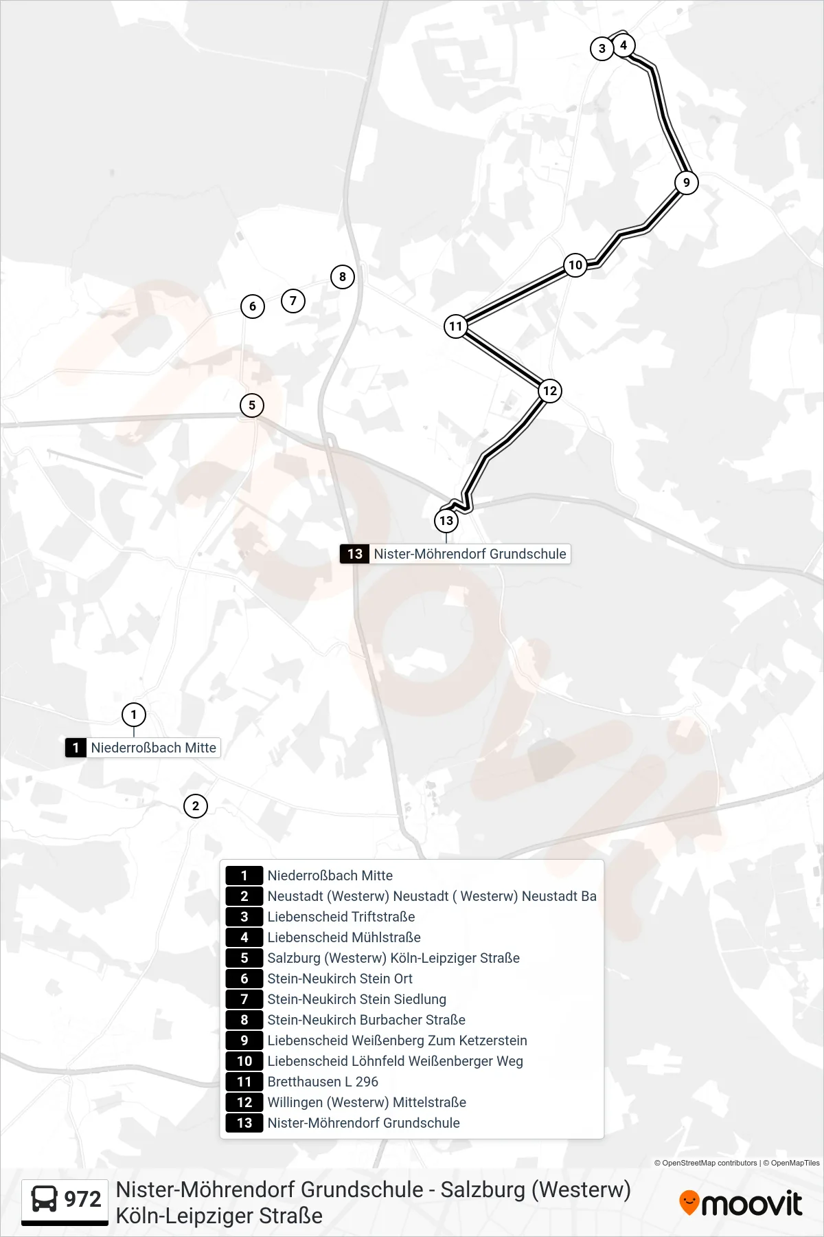 Linie 972 (Bus) Richtung Nister-Möhrendorf Grundschule: Route und Haltestellen auf der Karte