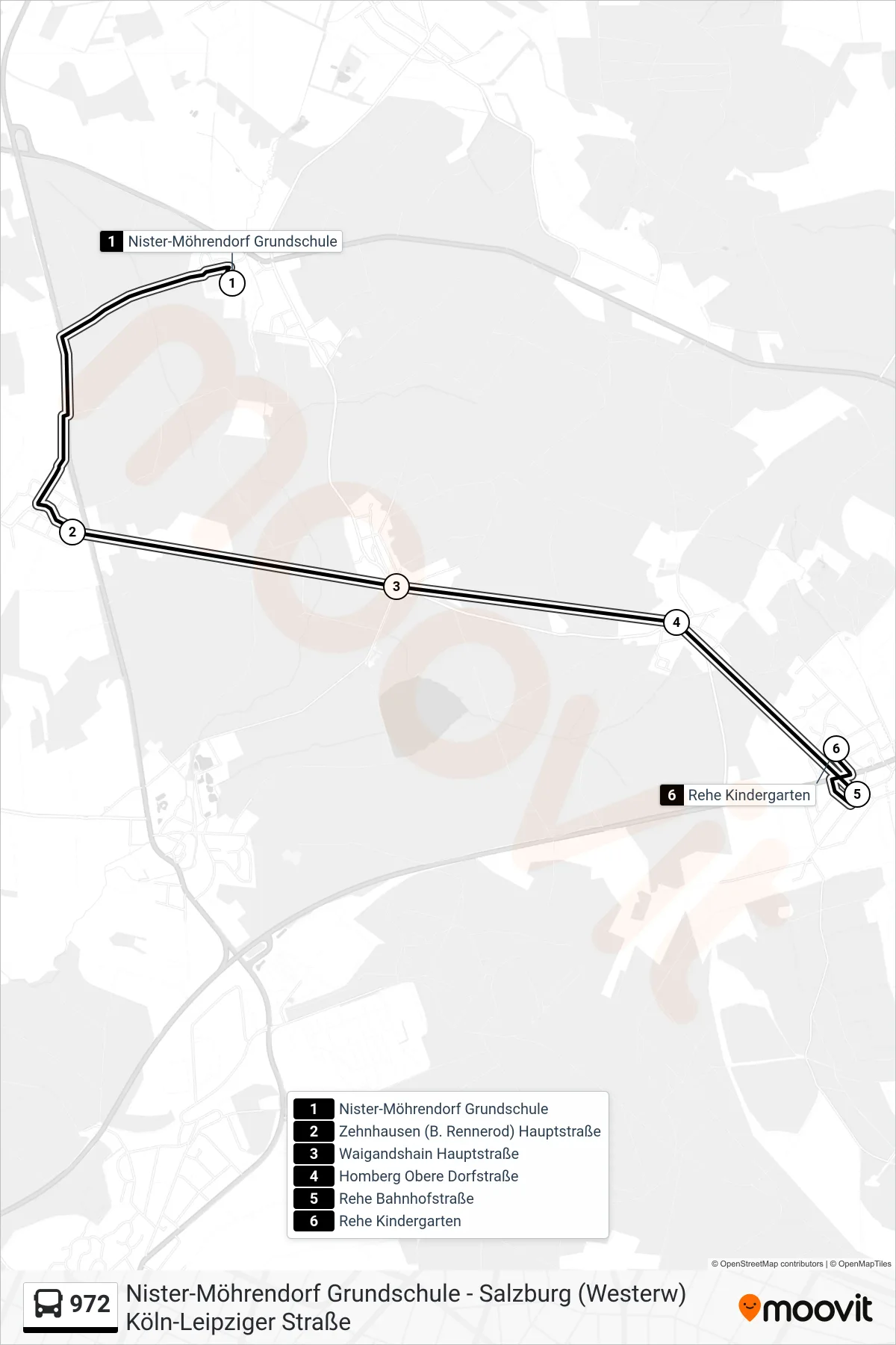972 bus Line (Rehe Kindergarten) route and stops on a map