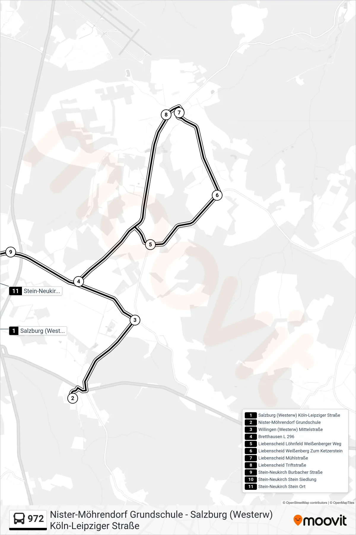 Linie 972 (Bus) Richtung Salzburg (Westerw) Köln-Leipziger Straße: Route und Haltestellen auf der Karte