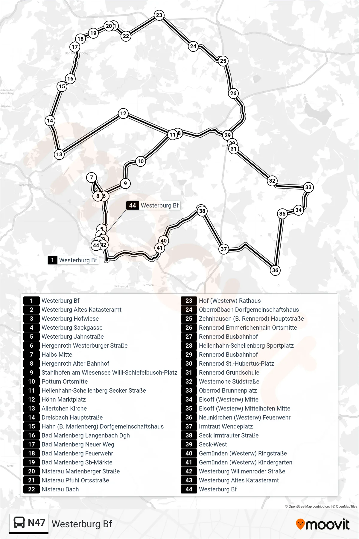 Linie N47 (Bus) Richtung Westerburg Bf: Route und Haltestellen auf der Karte