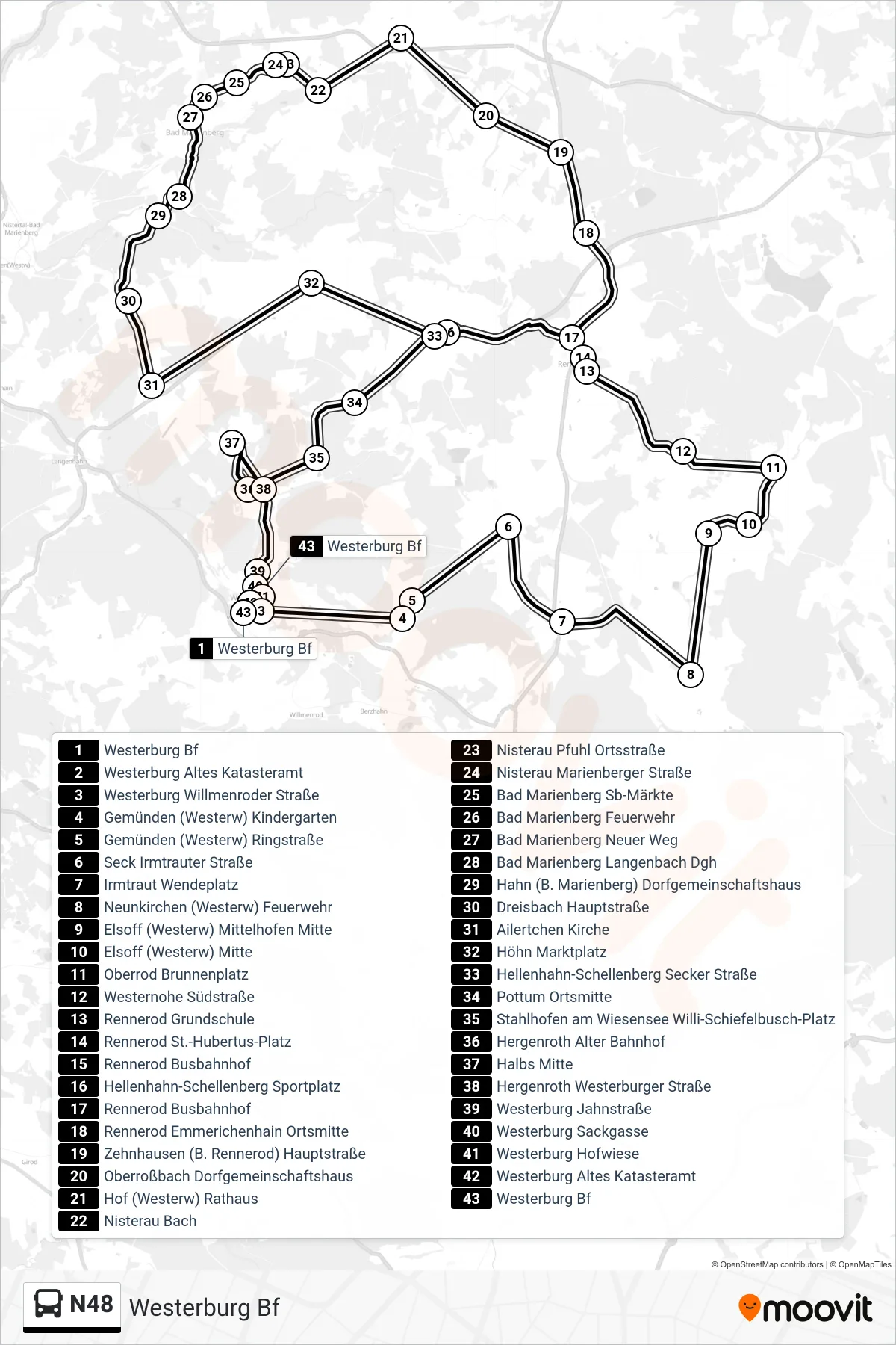 Linie N48 (Bus) Richtung Westerburg Bf: Route und Haltestellen auf der Karte