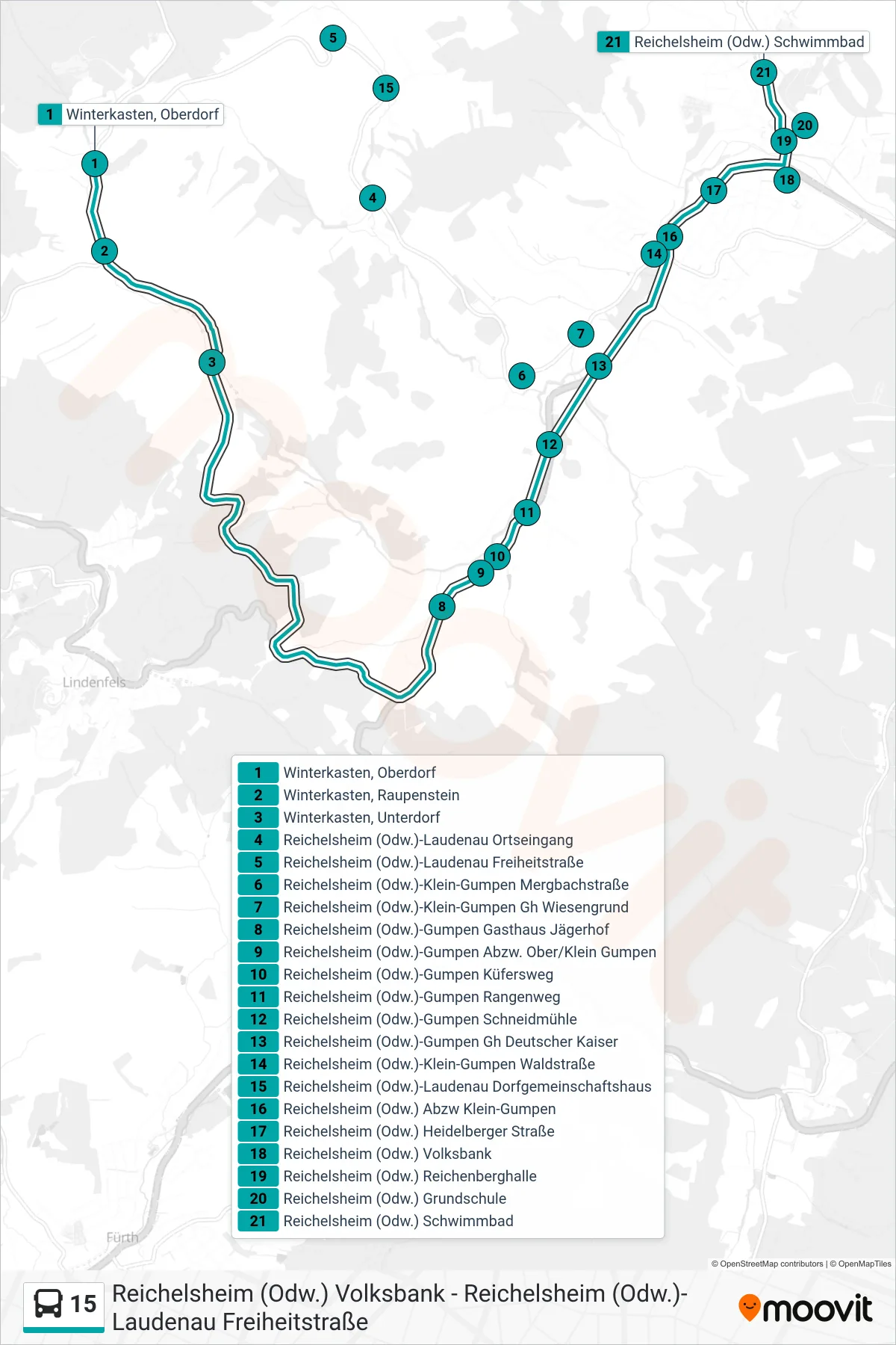 15 bus Line (Reichelsheim) route and stops on a map