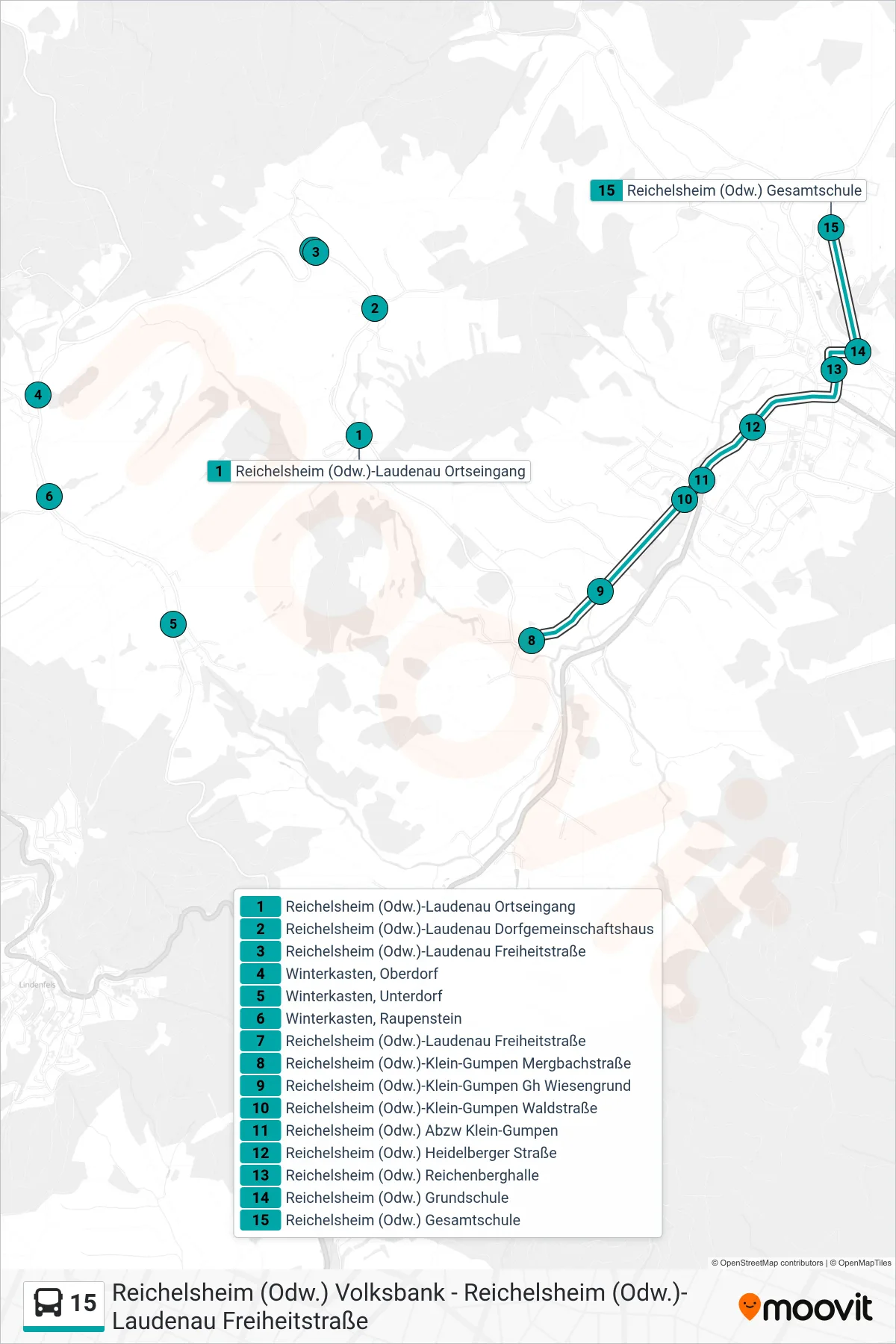 15 bus Line (Reichelsheim Schulen) route and stops on a map