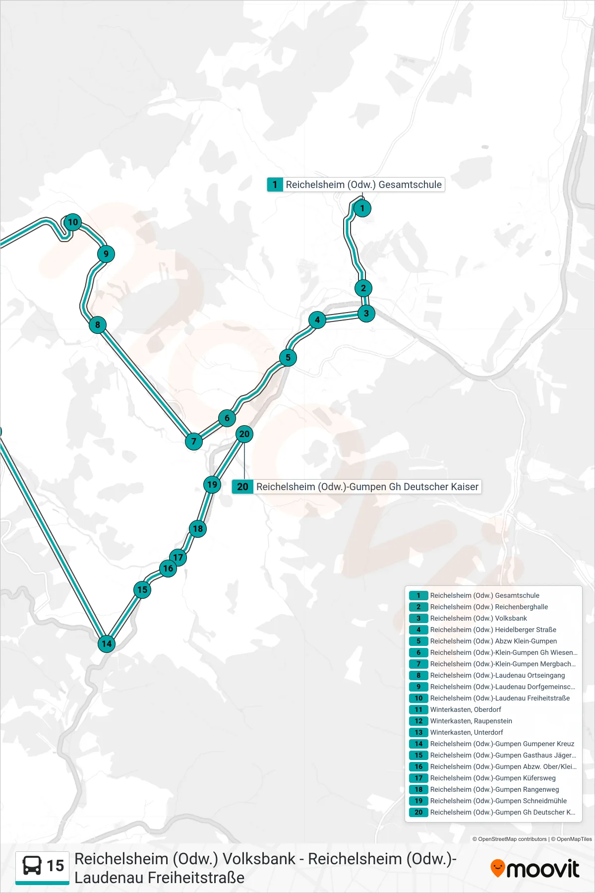 15 bus Line (Gumpen) route and stops on a map