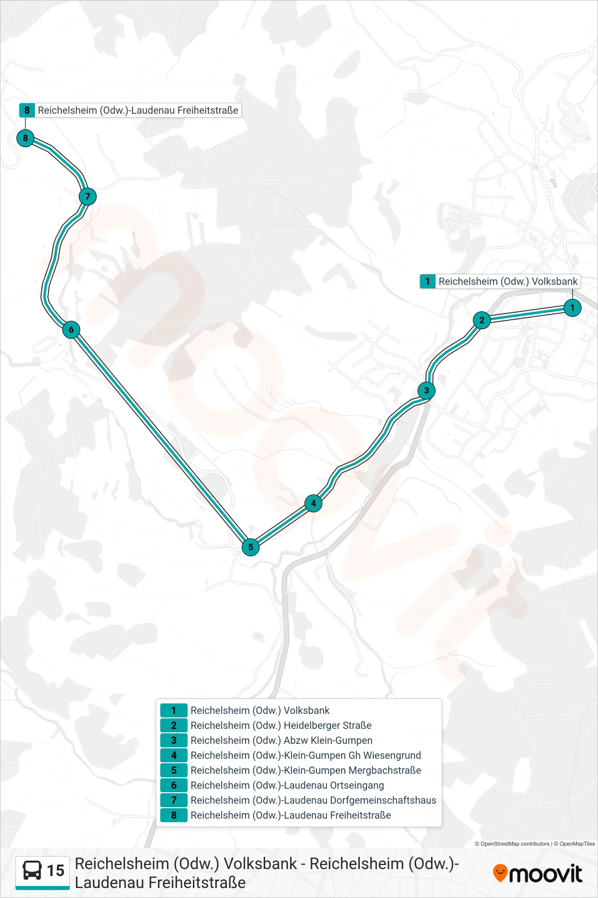 15 bus Line (Laudenau) route and stops on a map