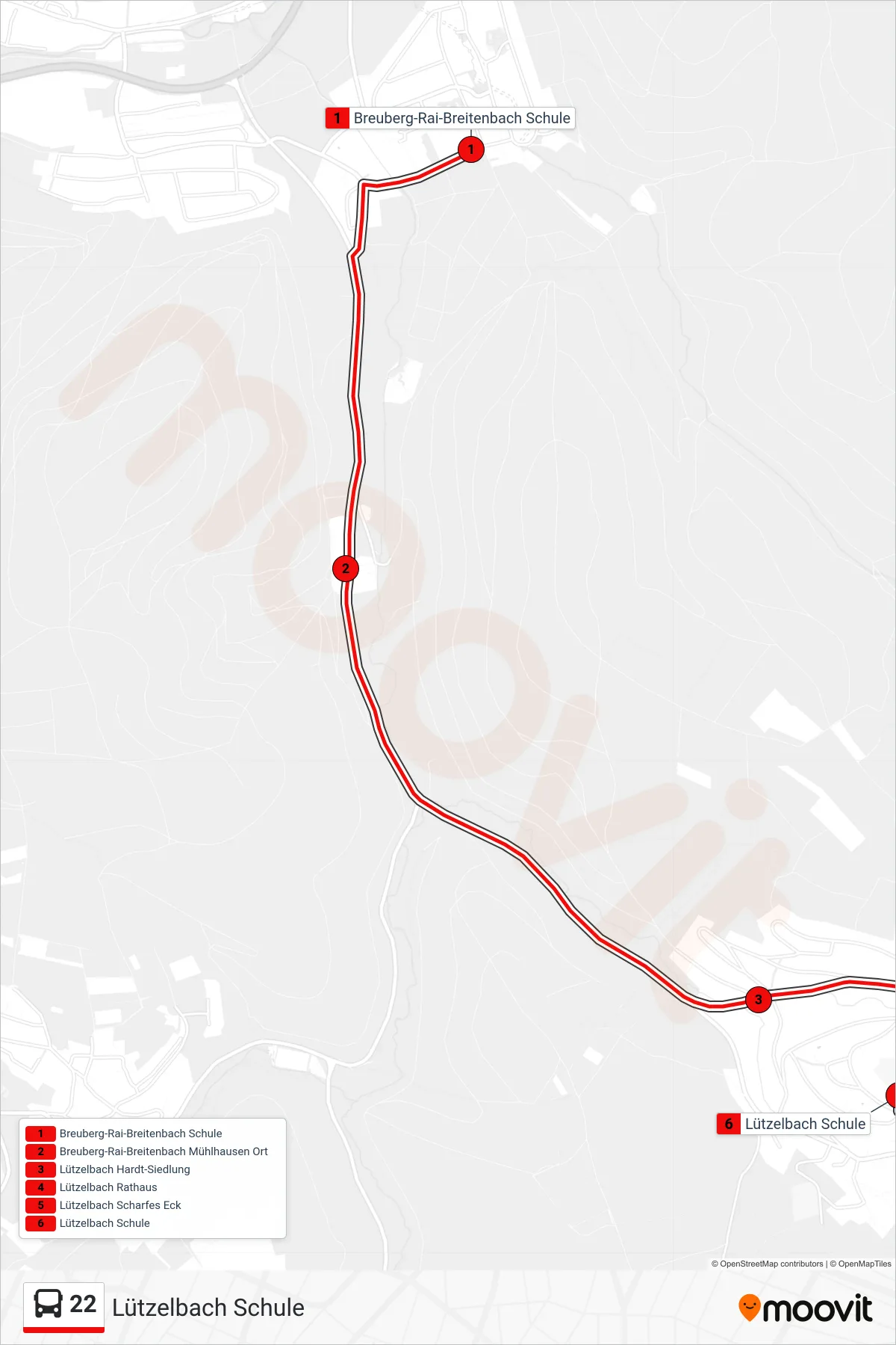 22 bus Line (Lützelbach Schule) route and stops on a map