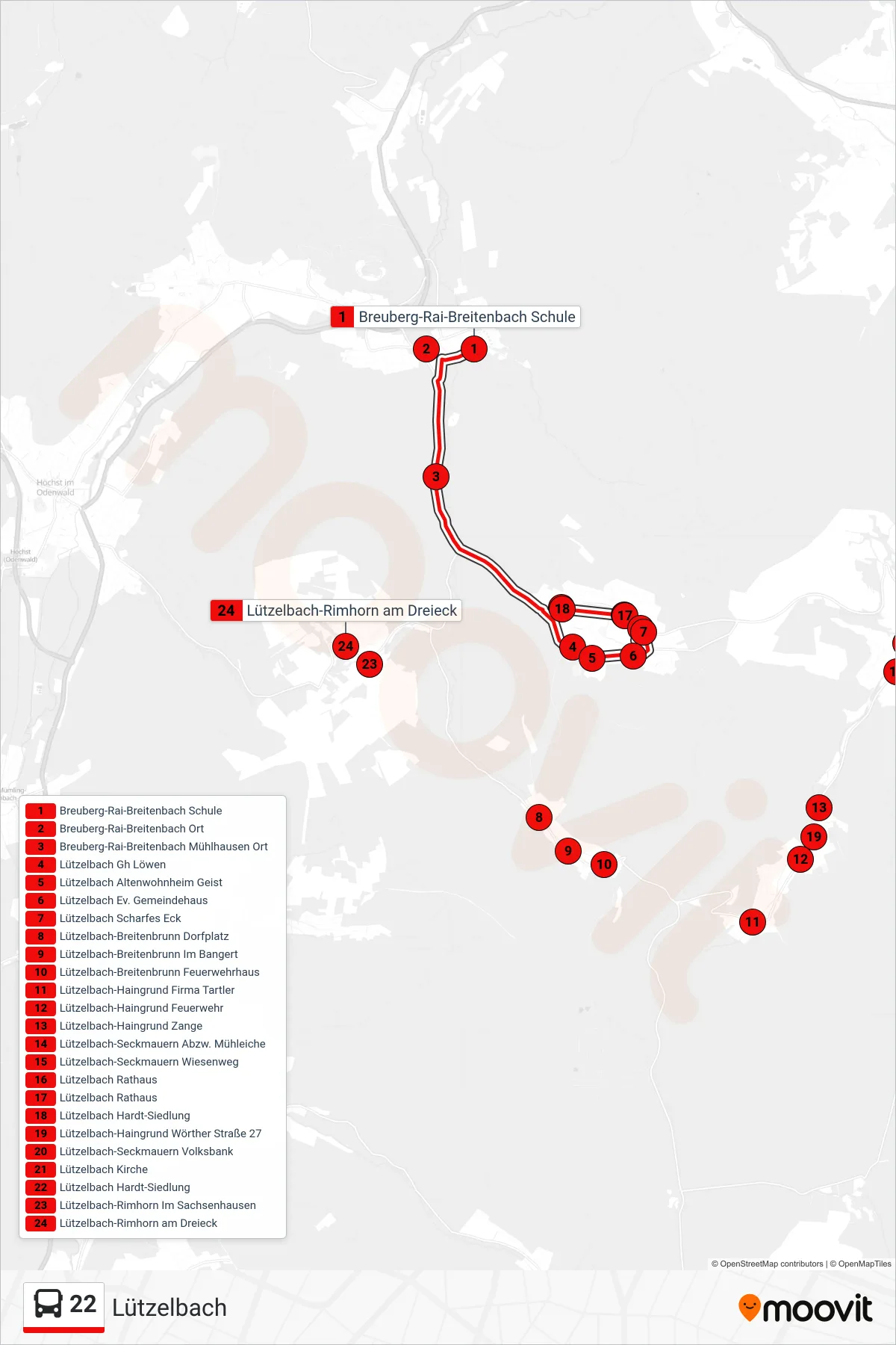 22 bus Line (Lützelbach) route and stops on a map