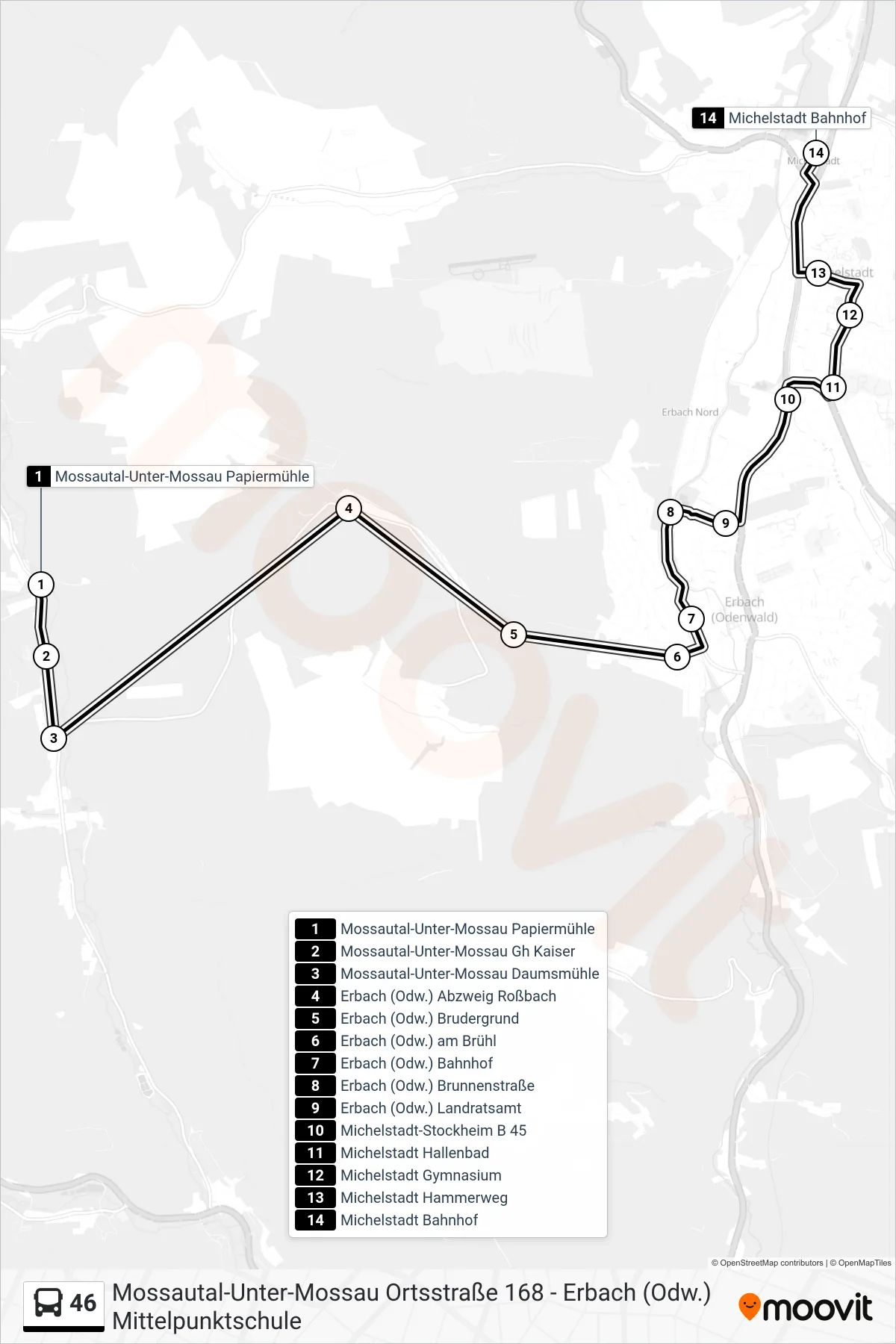 46 bus Line (Michelstadt) route and stops on a map