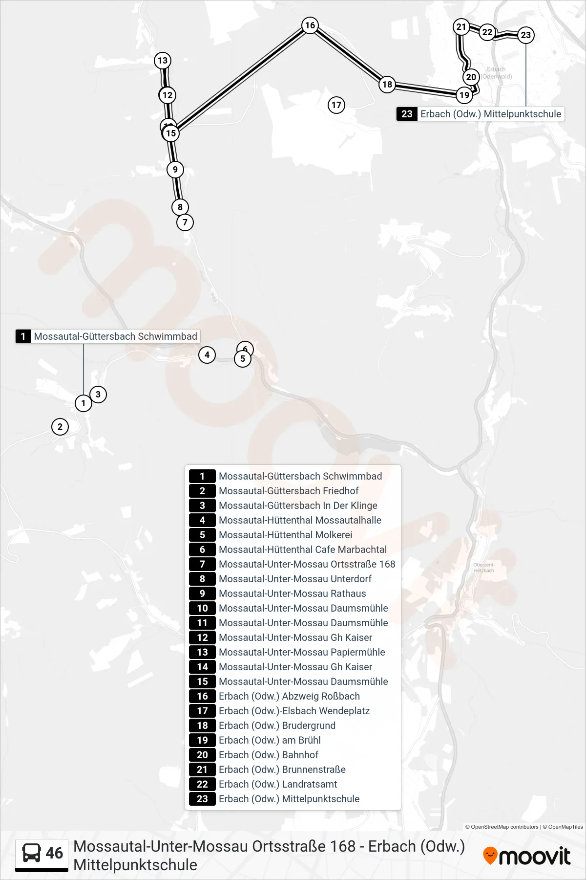Linie 46 (Bus) Richtung Erbach Schule: Route und Haltestellen auf der Karte
