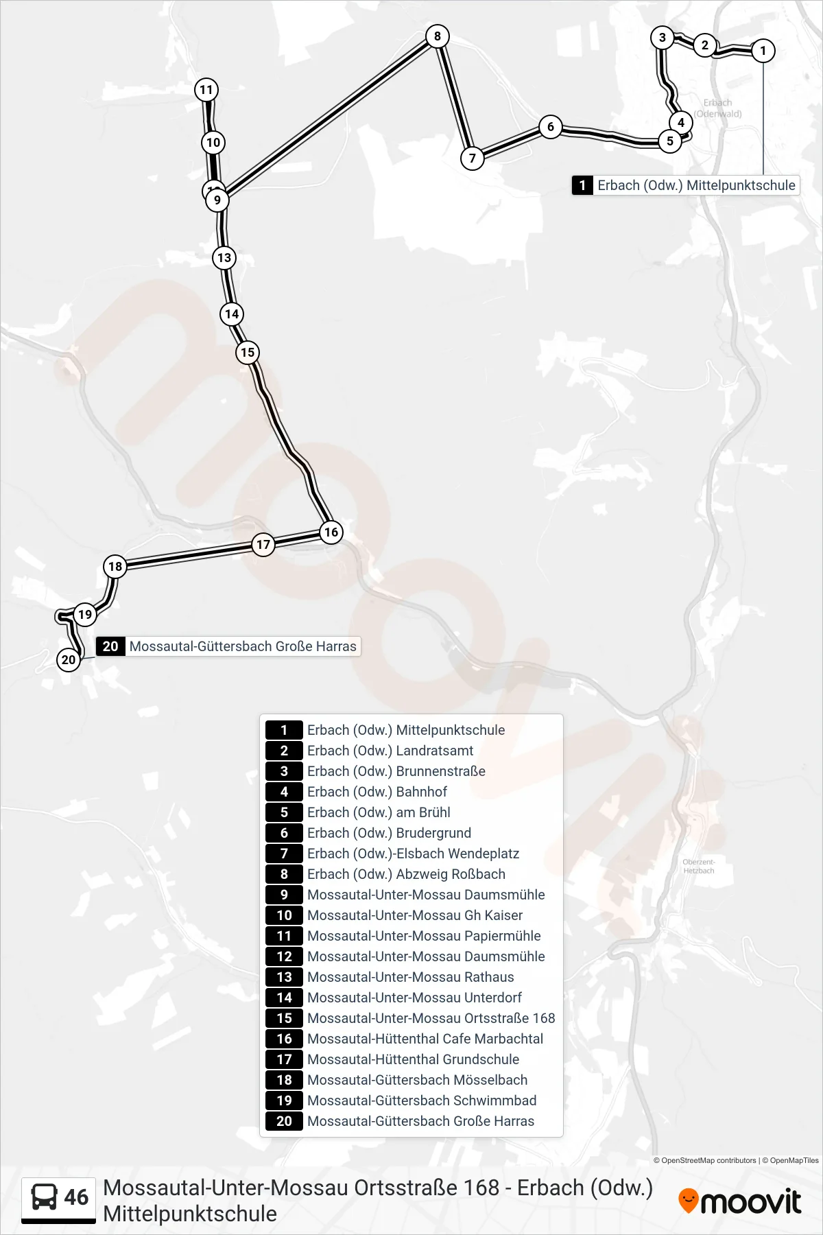 46 bus Line (Güttersbach) route and stops on a map