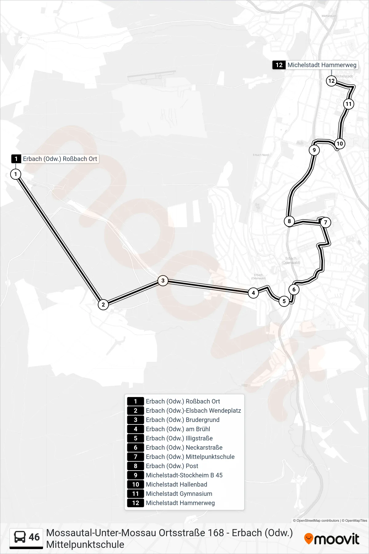 46 bus Line (Erbach) route and stops on a map