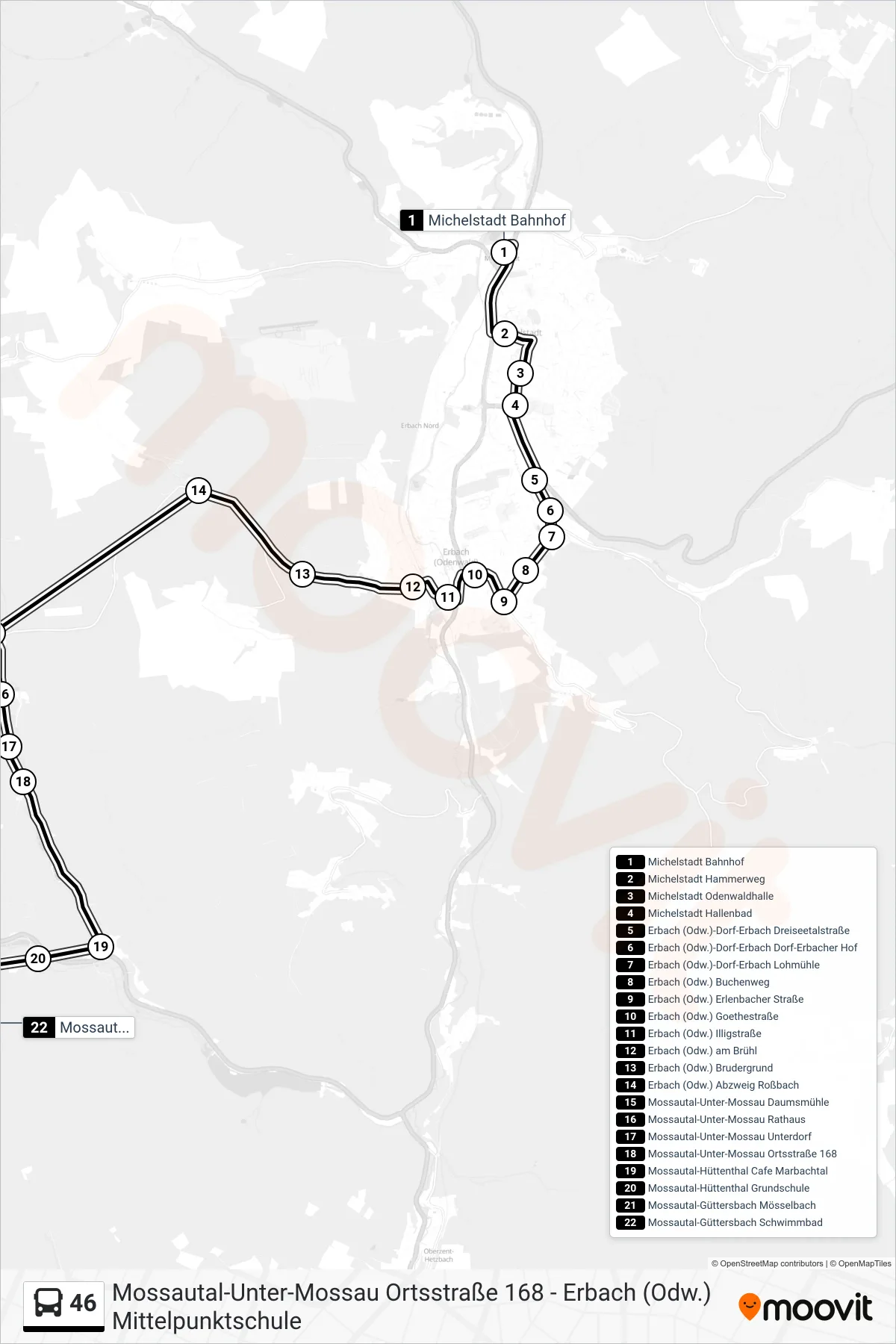 46 bus Line (Güttersbach Über Erbach Ost) route and stops on a map