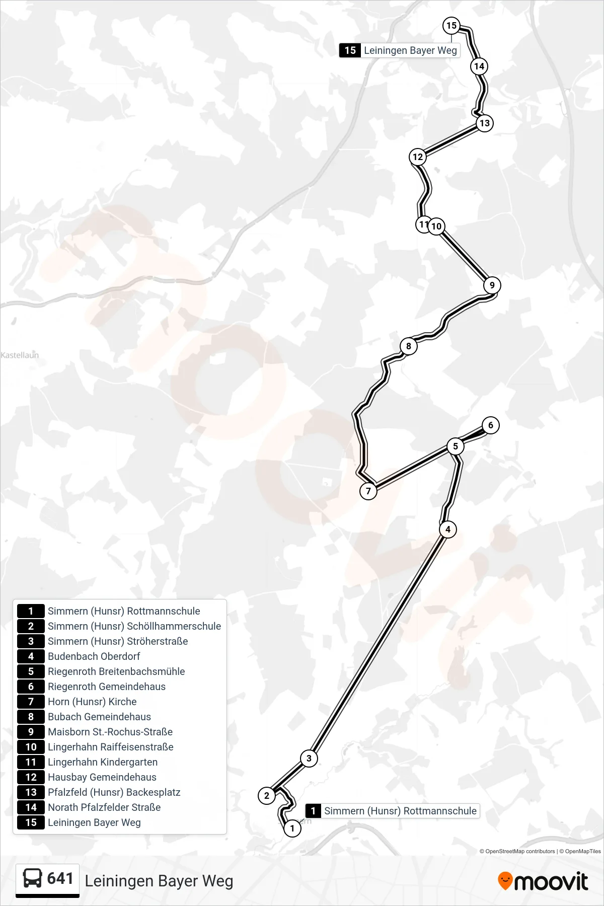 641 bus Line (Leiningen Bayer Weg) route and stops on a map