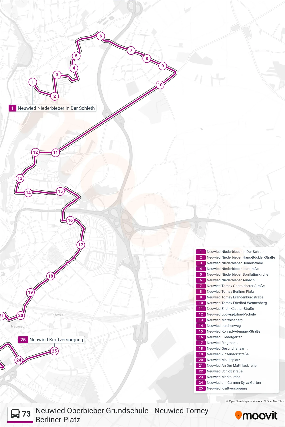 73 bus Line (Neuwied Kraftversorgung) route and stops on a map