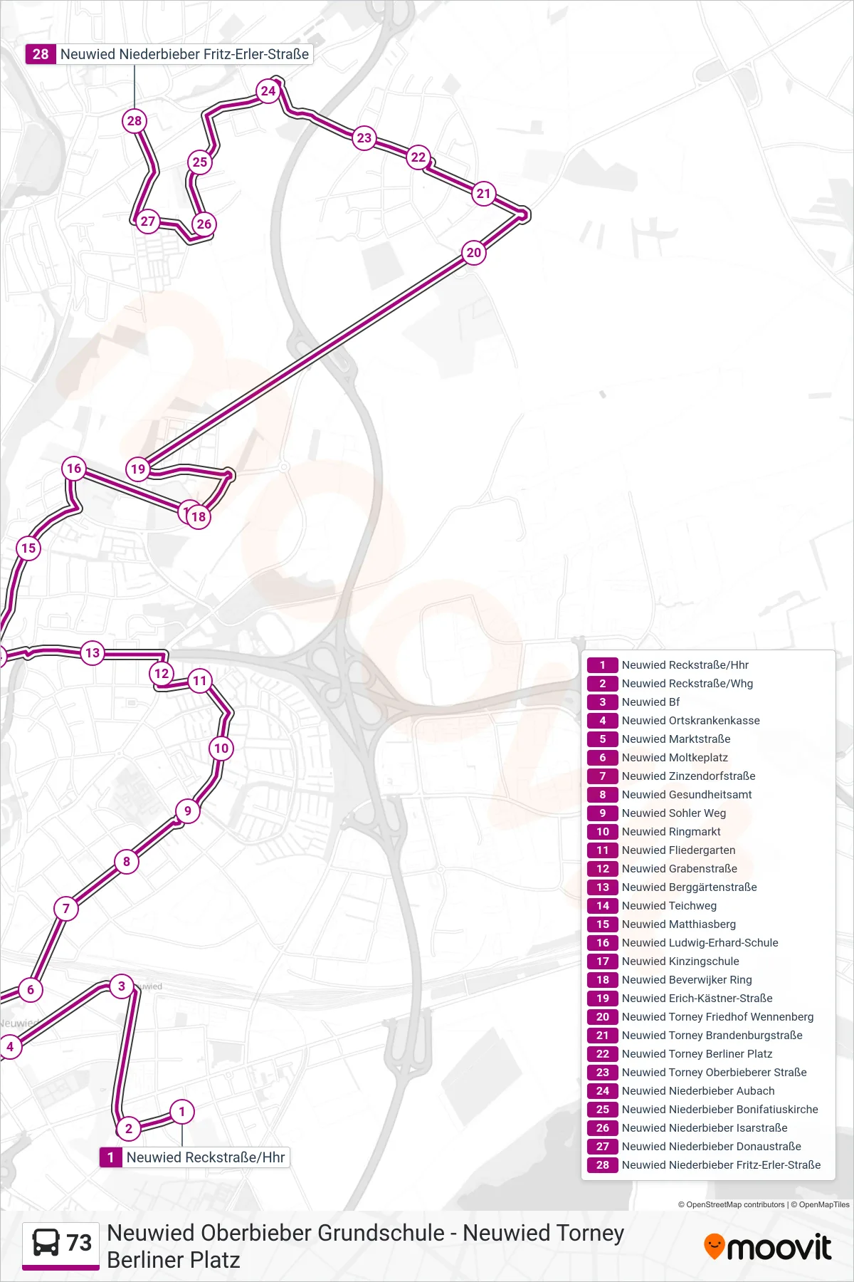 73 bus Line (Neuwied Niederbieber Fritz-Erler-Straße) route and stops on a map