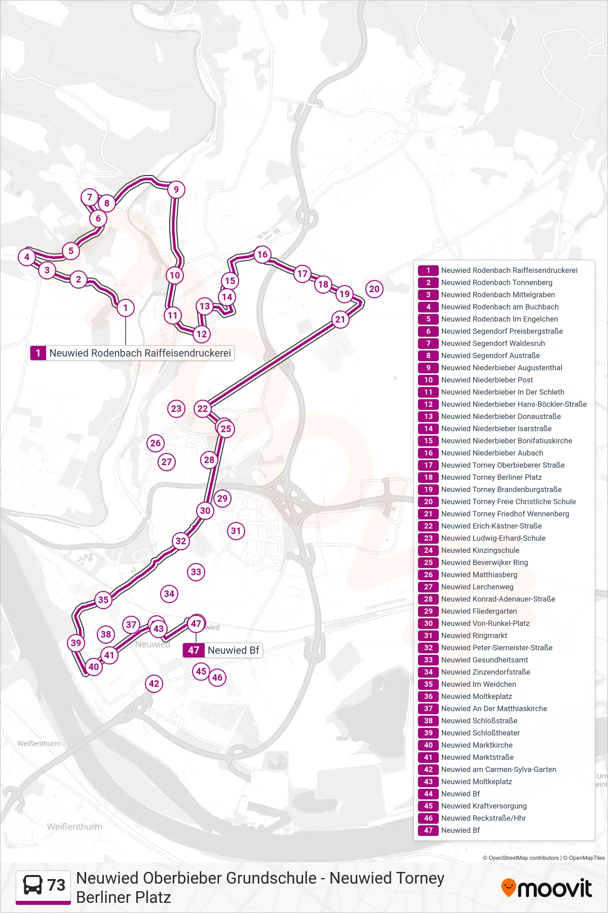 73 bus Line (Neuwied Bf) route and stops on a map