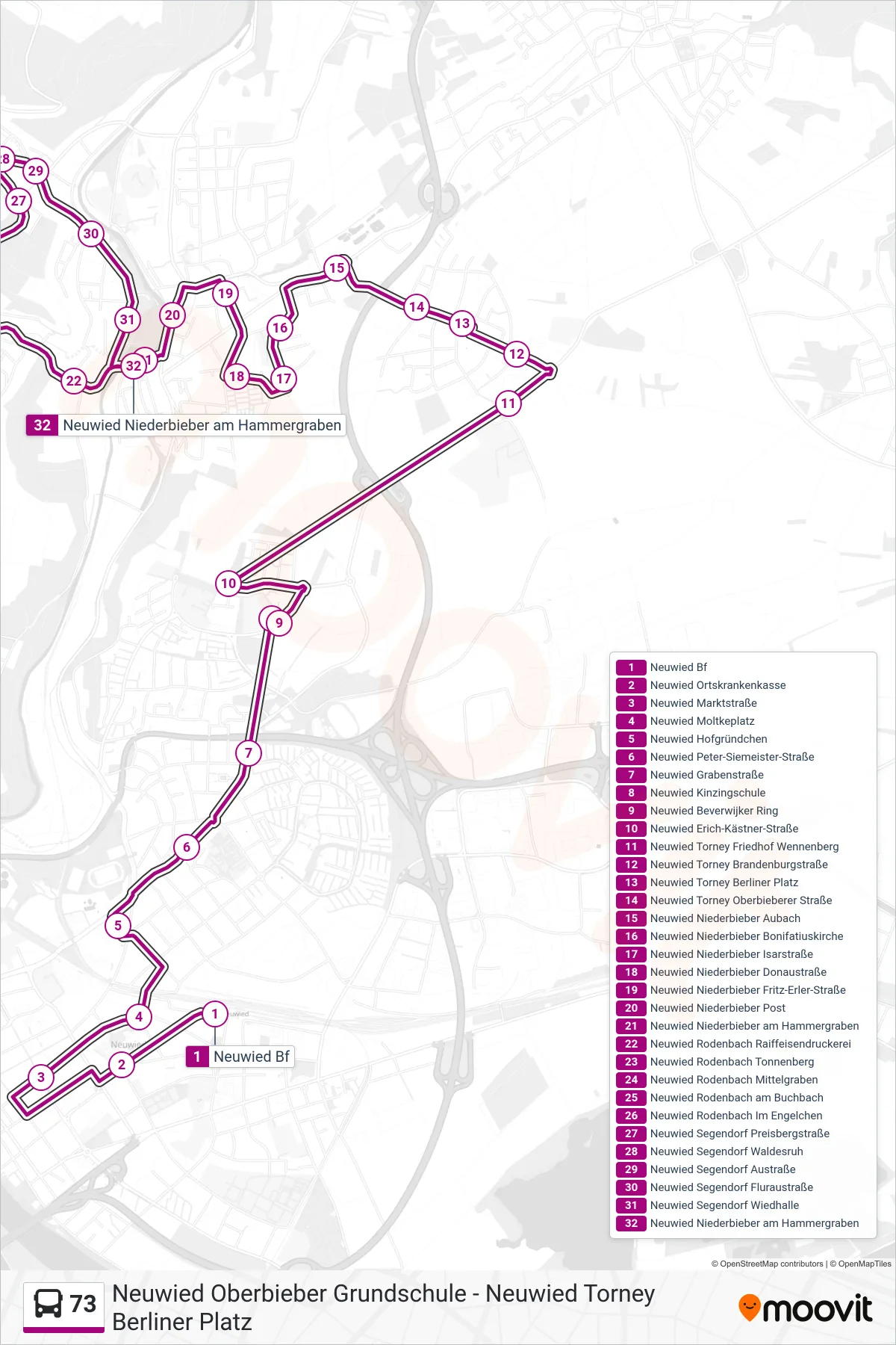 73 bus Line (Neuwied Niederbieber am Hammergraben) route and stops on a map