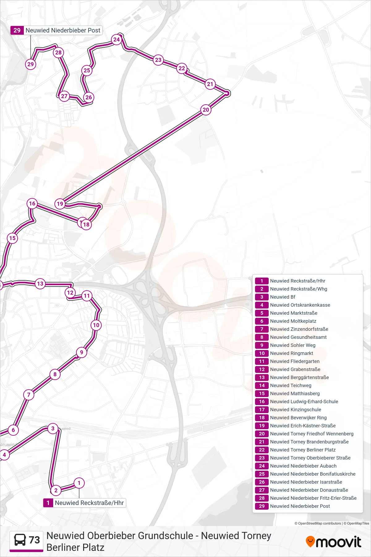 73 bus Line (Neuwied Niederbieber Post) route and stops on a map