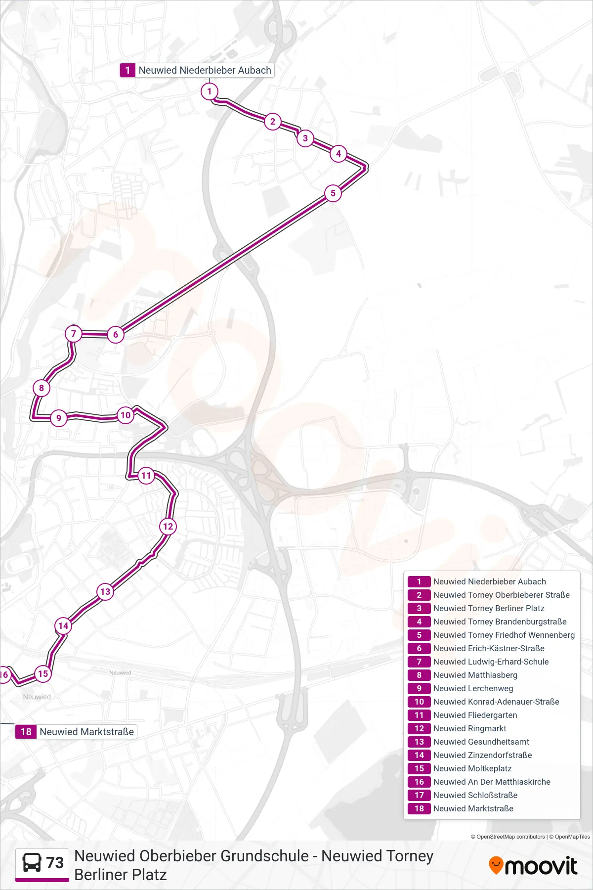 Linie 73 (Bus) Richtung Neuwied Marktstraße: Route und Haltestellen auf der Karte
