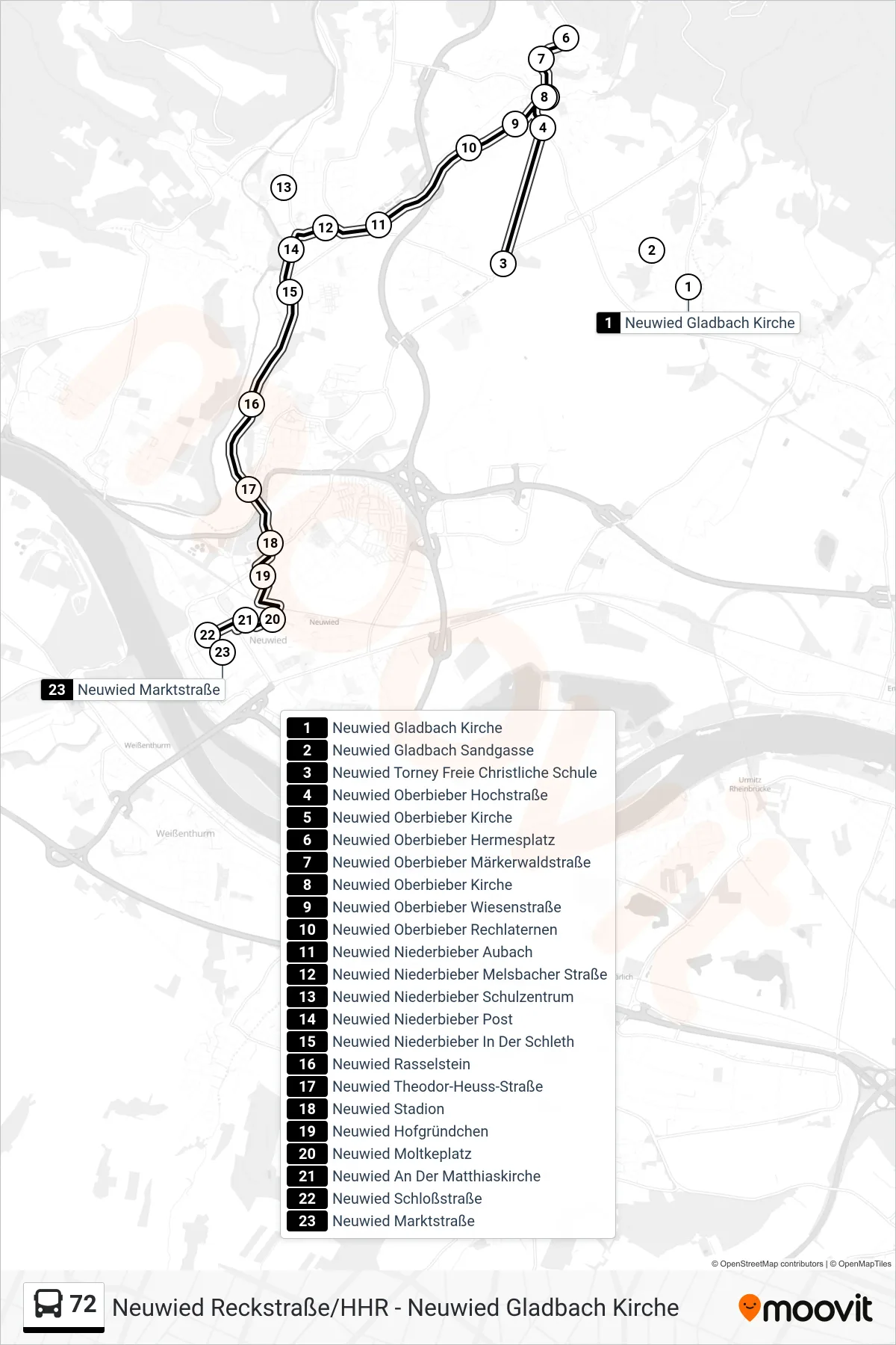 Linie 72 (Bus) Richtung Neuwied Marktstraße: Route und Haltestellen auf der Karte