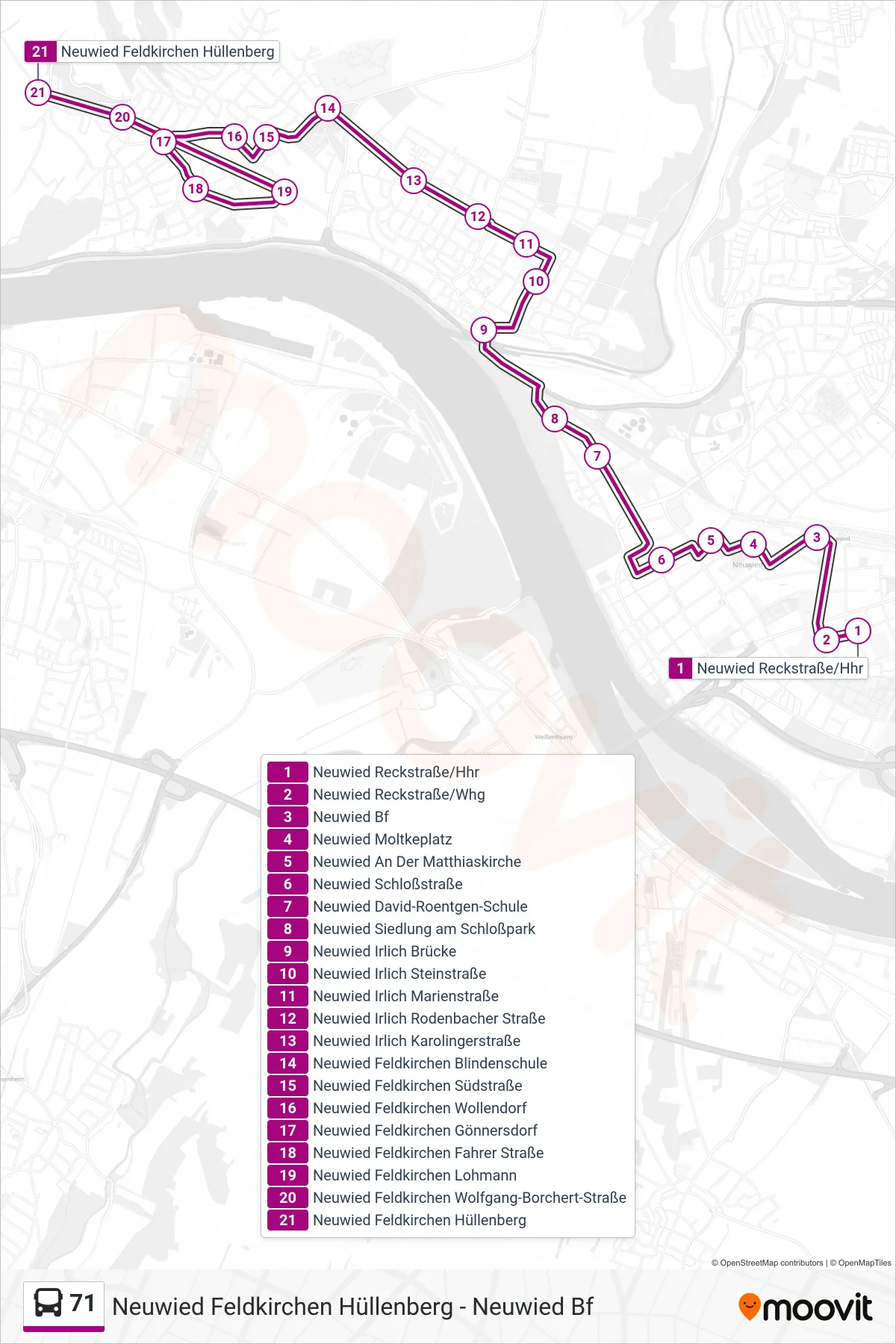 Linie 71 (Bus) Richtung Neuwied Feldkirchen Hüllenberg: Route und Haltestellen auf der Karte