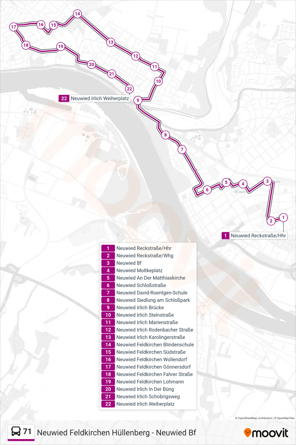 71 bus Line (Neuwied Irlich Weiherplatz) route and stops on a map