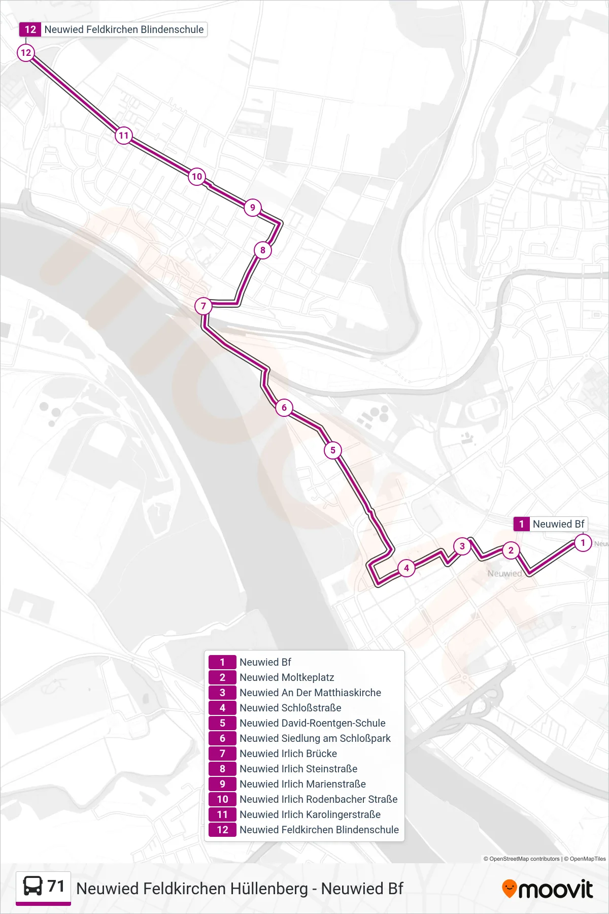 71 bus Line (Neuwied Feldkirchen Blindenschule) route and stops on a map