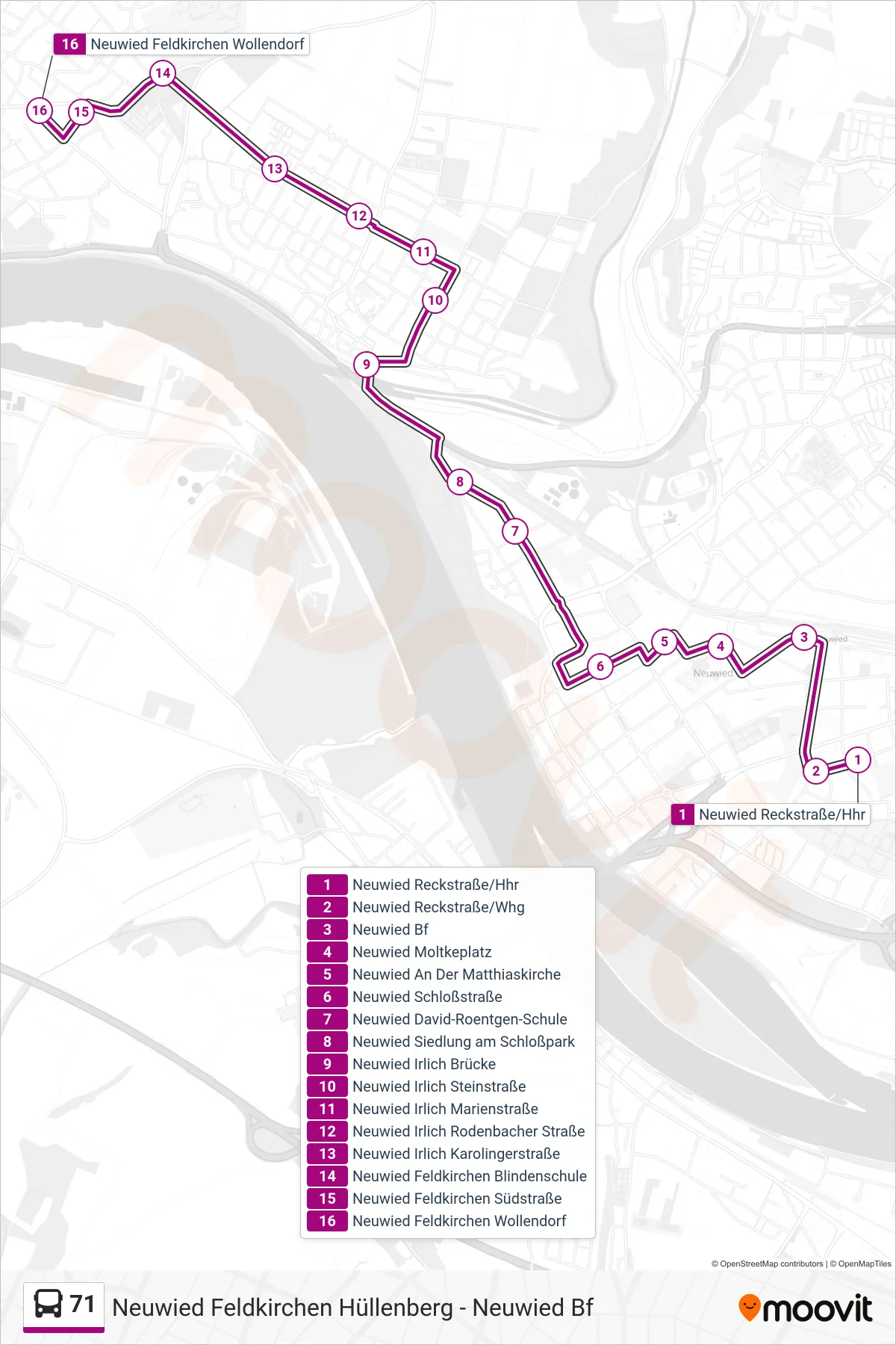 71 bus Line (Neuwied Feldkirchen Wollendorf) route and stops on a map