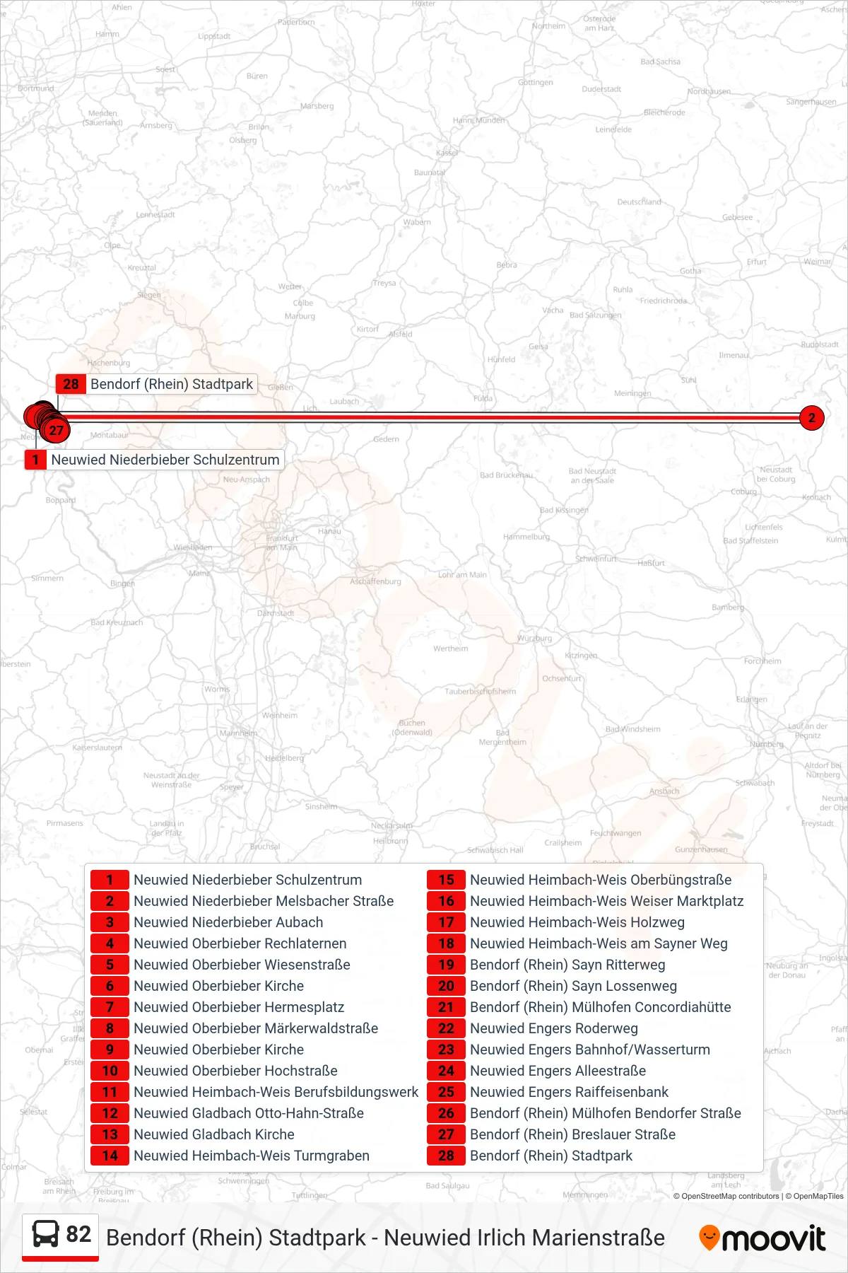 82 bus Line (Bendorf (Rhein) Stadtpark) route and stops on a map