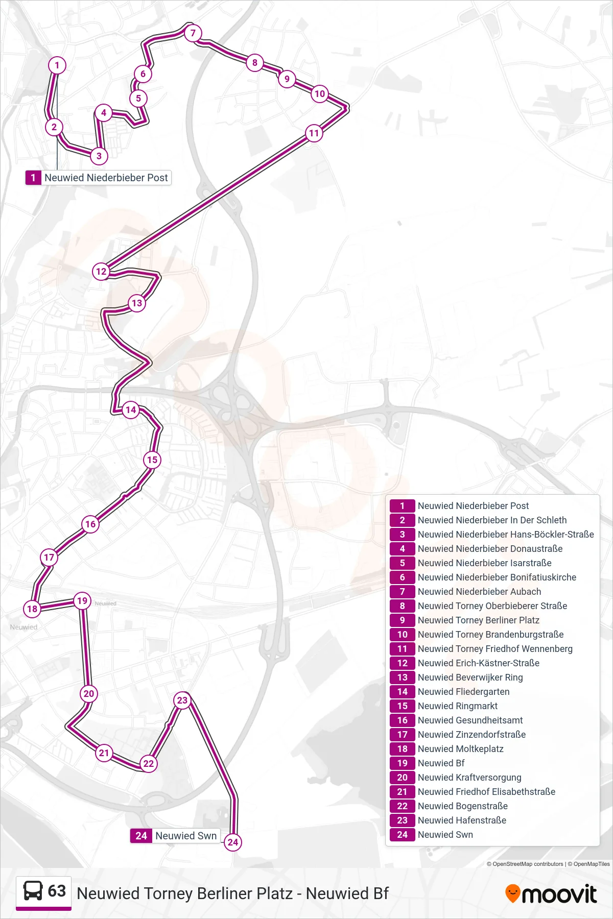 Linie 63 (Bus) Richtung Neuwied Swn: Route und Haltestellen auf der Karte
