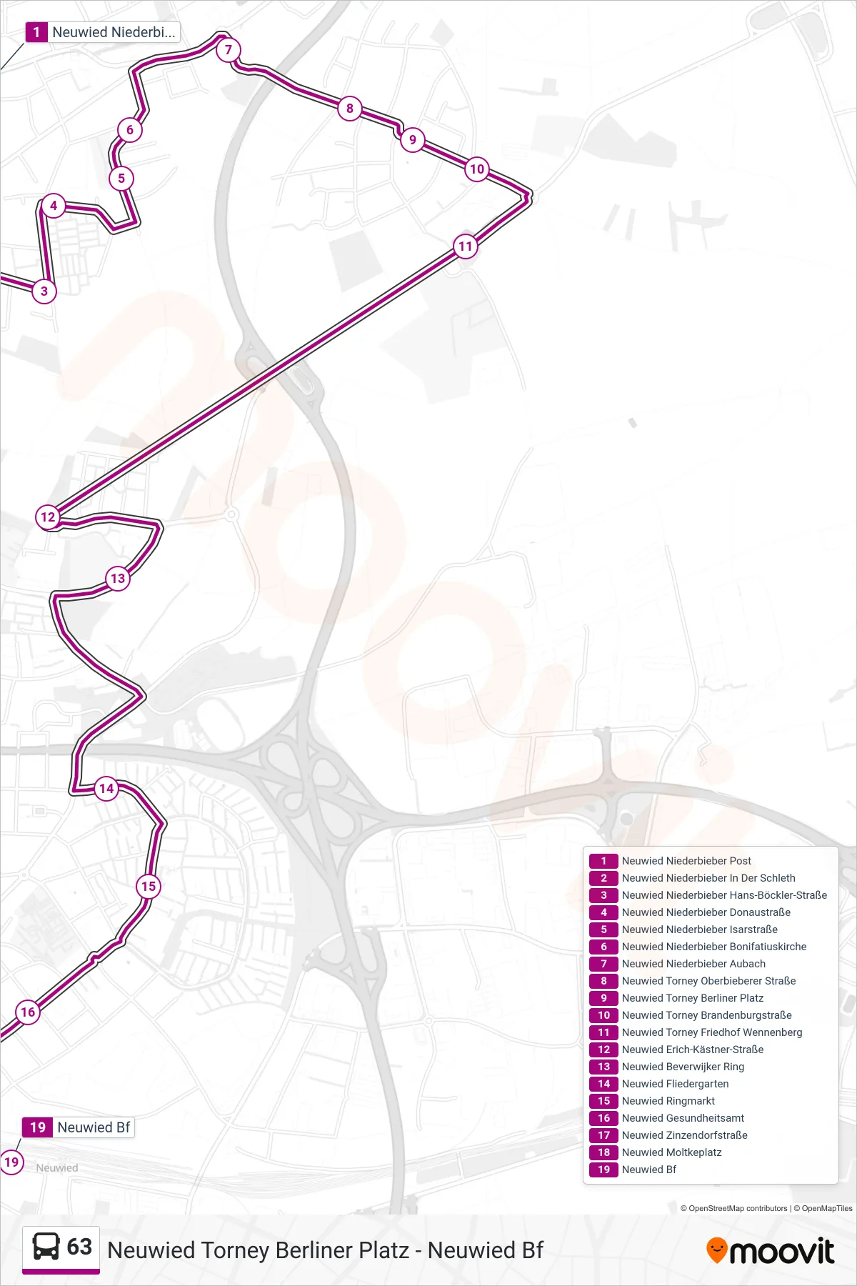 63 bus Line (Neuwied Bf) route and stops on a map