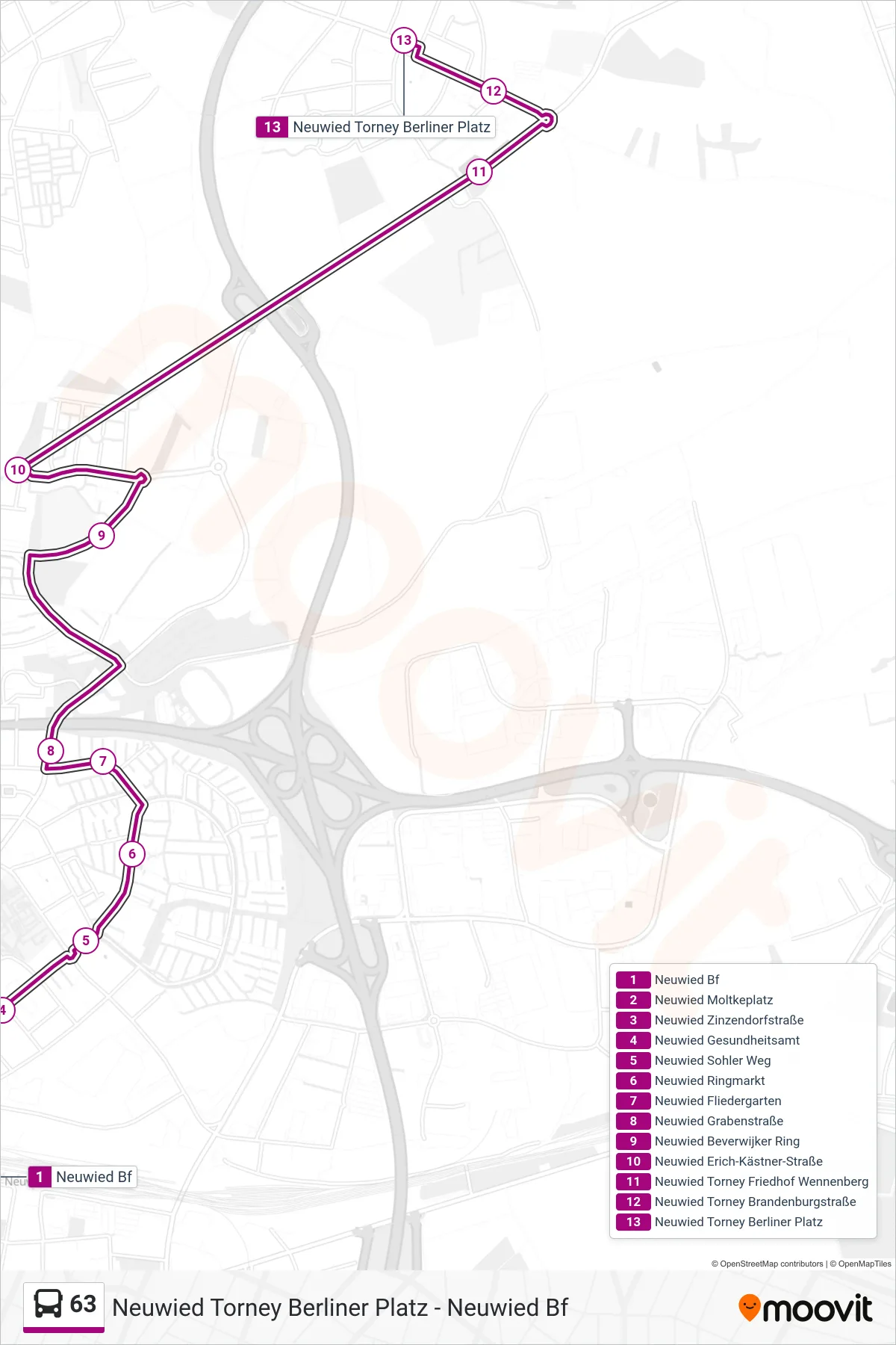 63 bus Line (Neuwied Torney Berliner Platz) route and stops on a map