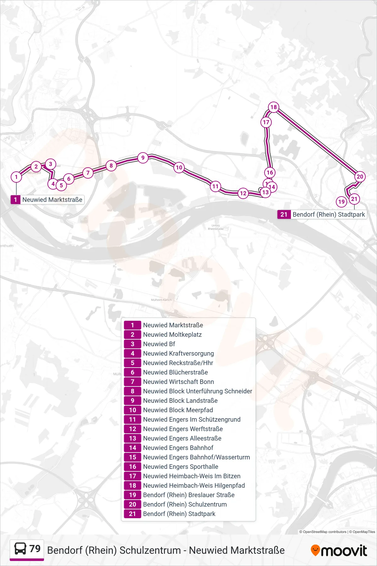 79 bus Line (Bendorf (Rhein) Stadtpark) route and stops on a map