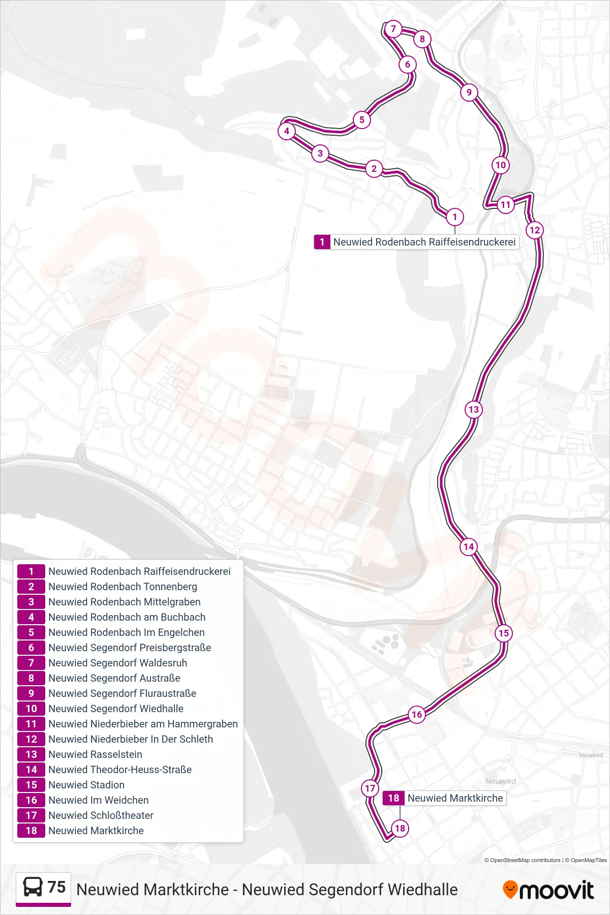 75 bus Line (Neuwied Marktkirche) route and stops on a map