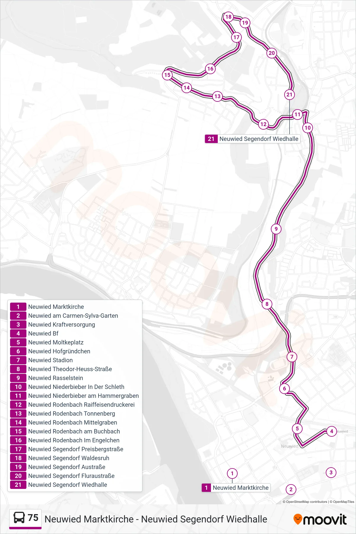 Linie 75 (Bus) Richtung Neuwied Segendorf Wiedhalle: Route und Haltestellen auf der Karte
