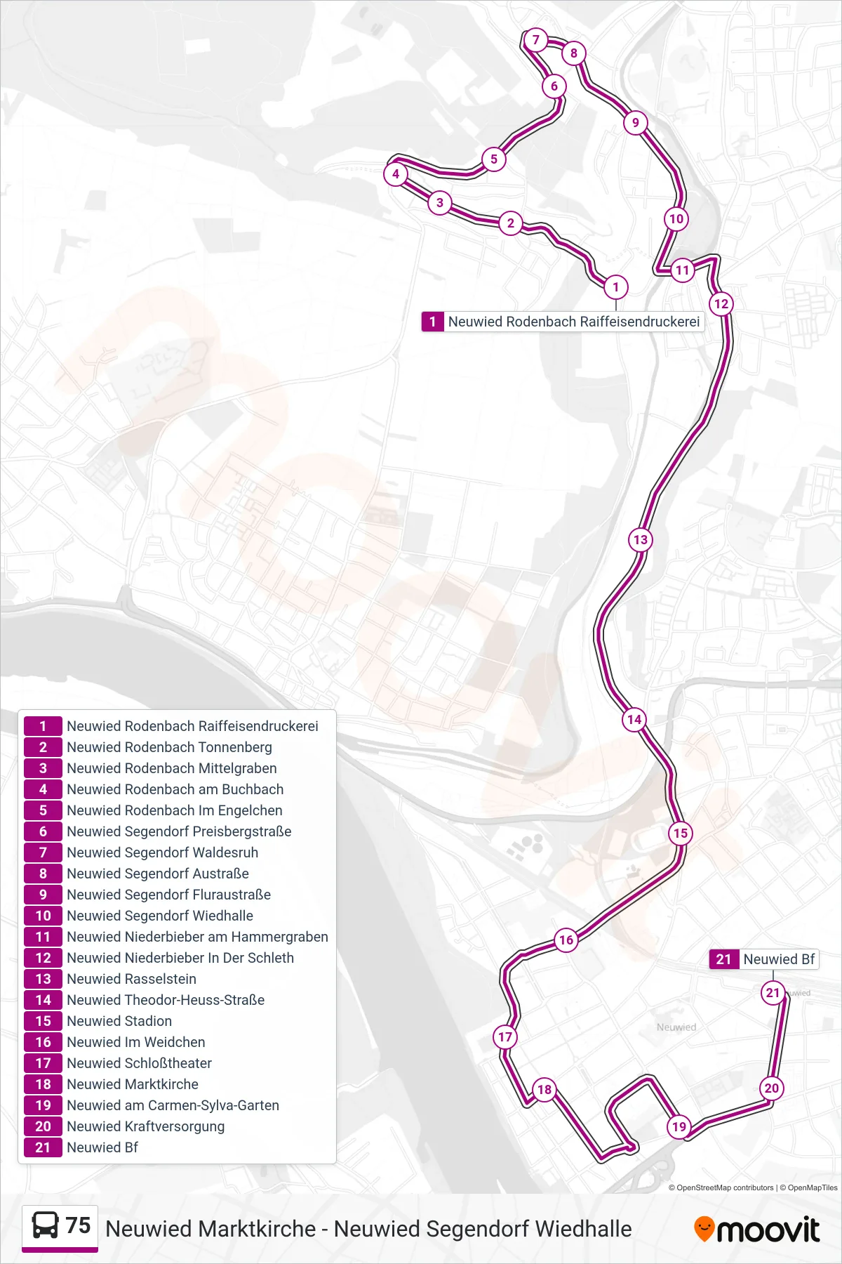 75 bus Line (Neuwied Bf) route and stops on a map