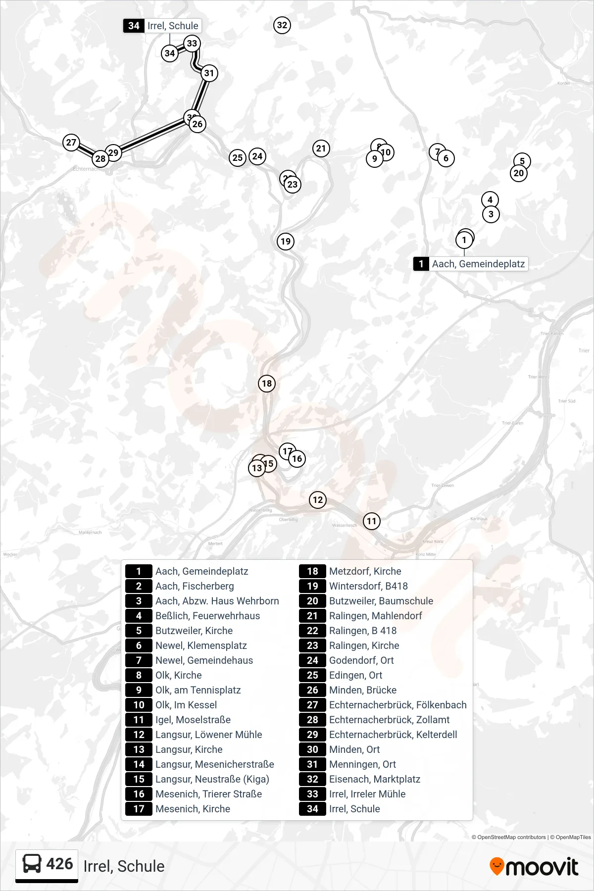 426 bus Line (Irrel, Schule) route and stops on a map