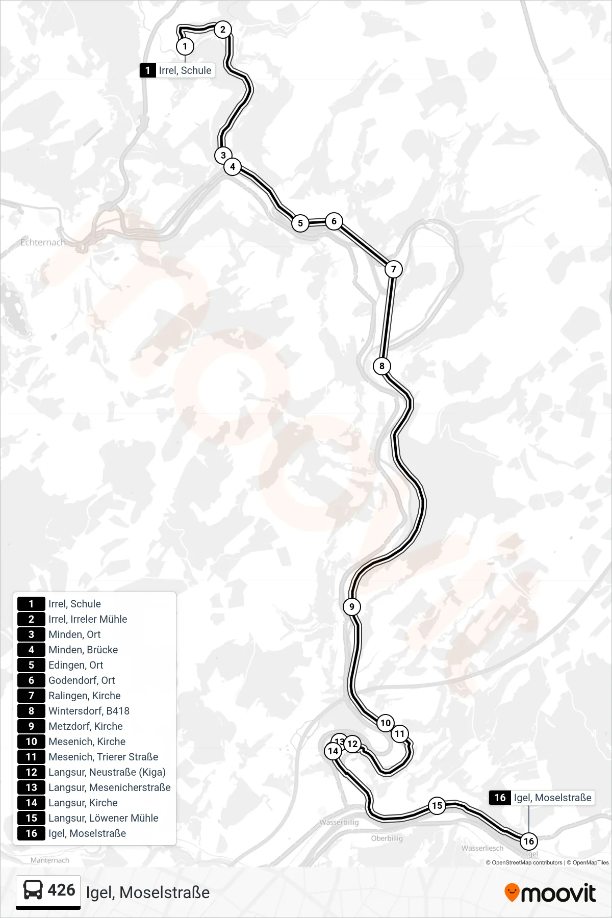 426 bus Line (Igel, Moselstraße) route and stops on a map