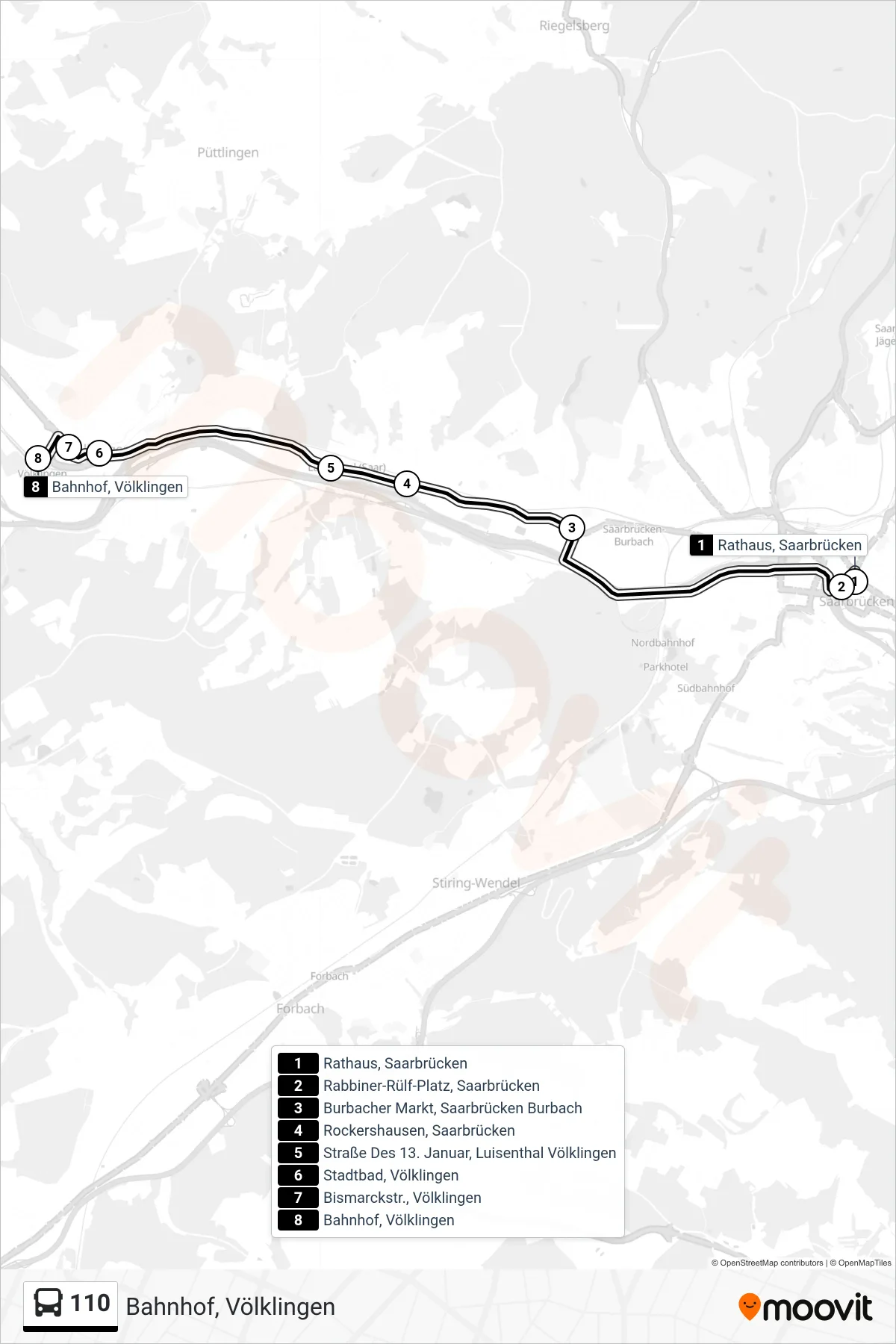 110 bus Line (Bahnhof, Völklingen) route and stops on a map