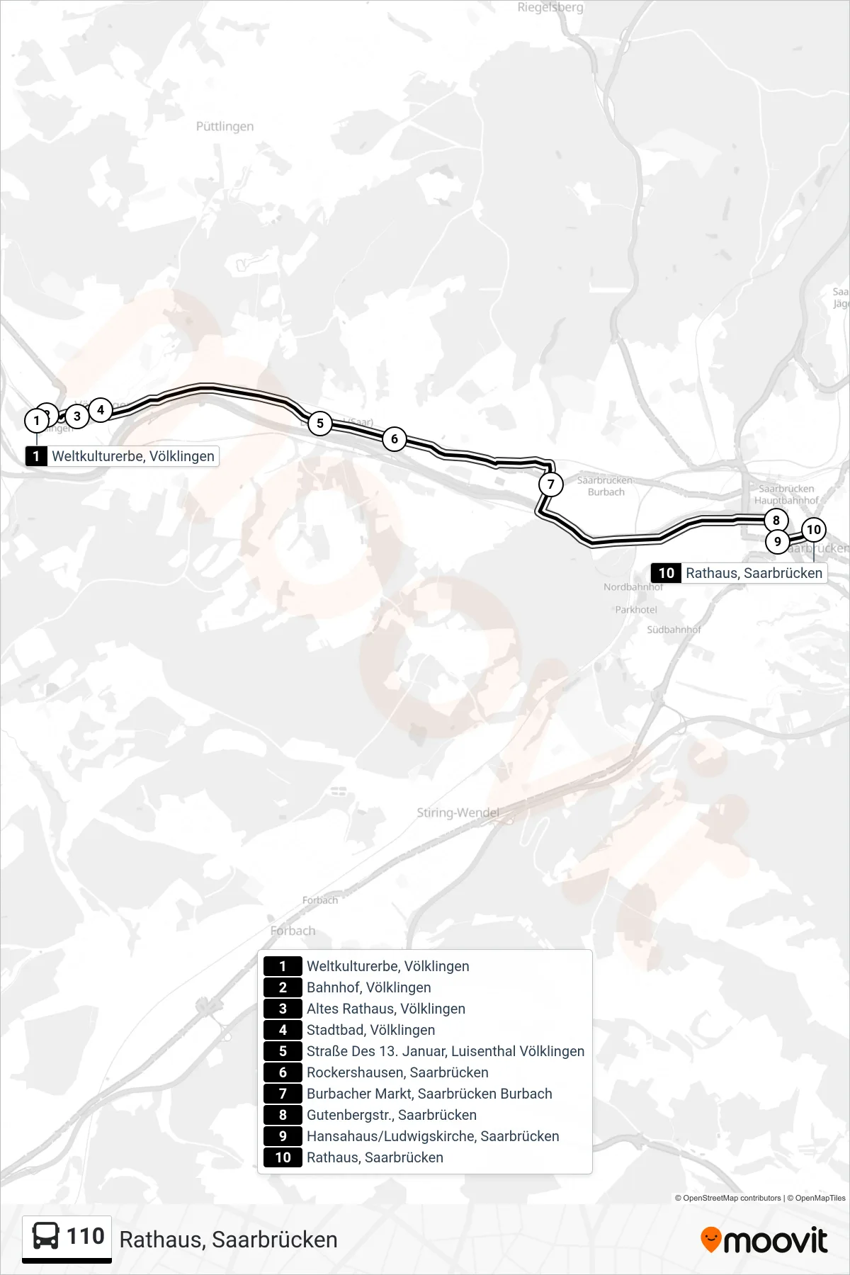 110 bus Line (Rathaus, Saarbrücken) route and stops on a map