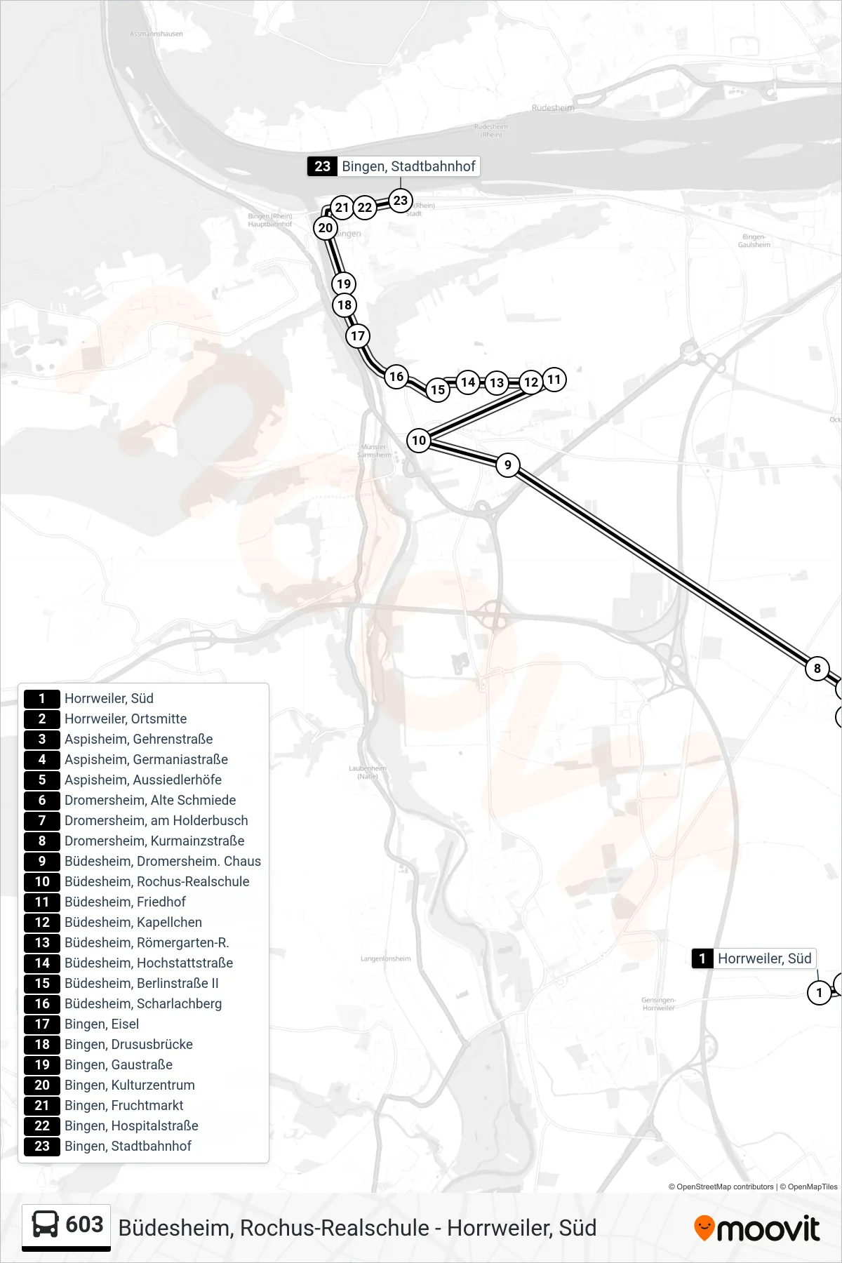 603 bus Line (Bingen, Stadtbahnhof) route and stops on a map