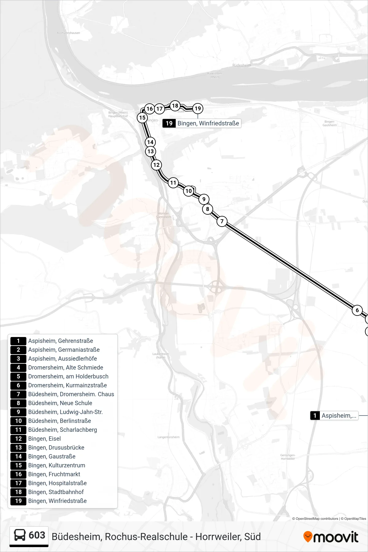 603 bus Line (Bingen, Winfriedstraße) route and stops on a map
