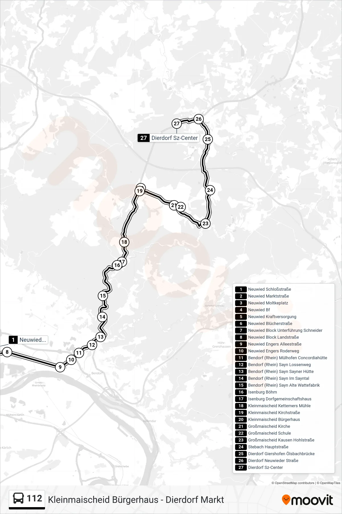 Linie 112 (Bus) Richtung Dierdorf Sz-Center: Route und Haltestellen auf der Karte