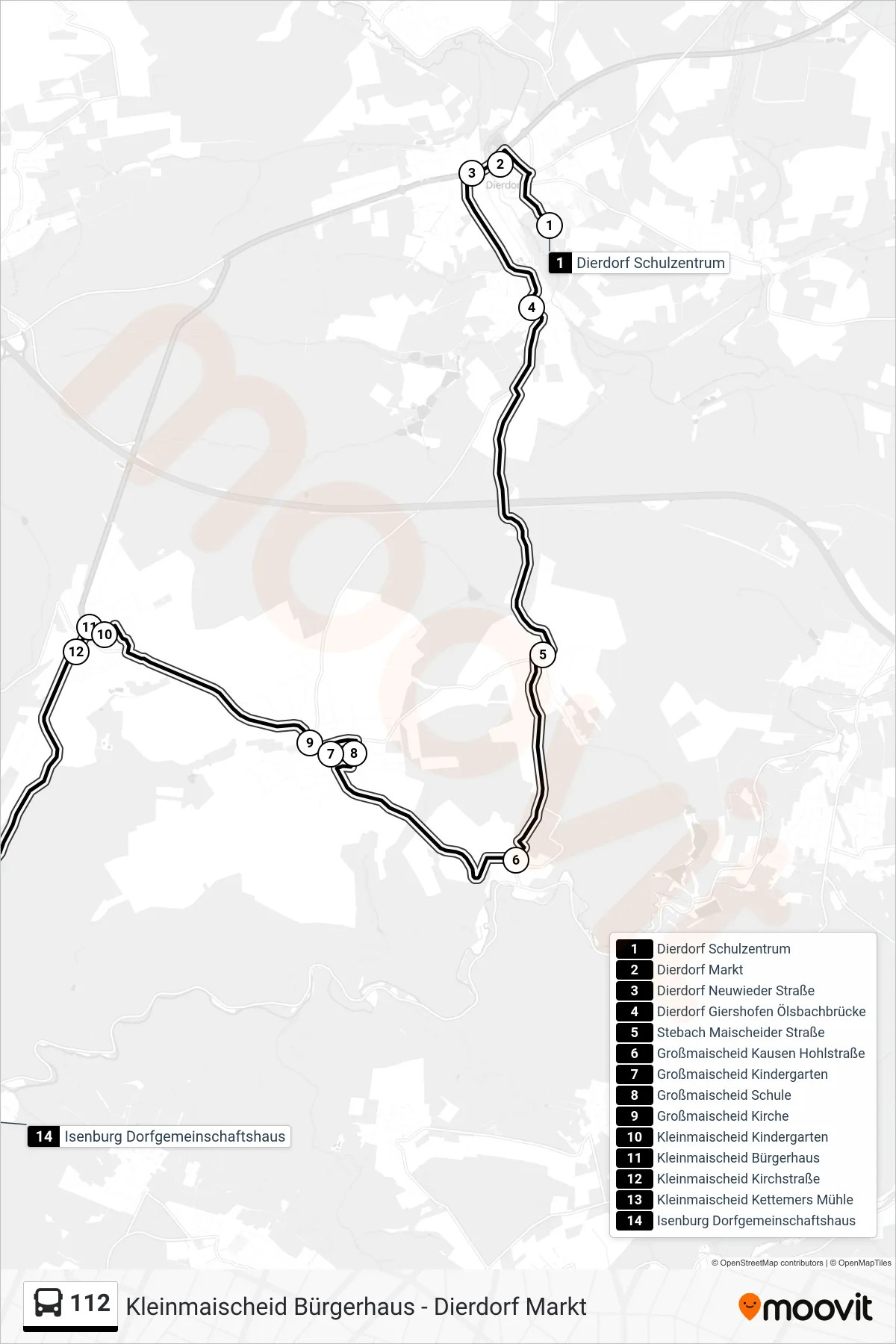 112 bus Line (Isenburg Dorfgemeinschaftshaus) route and stops on a map