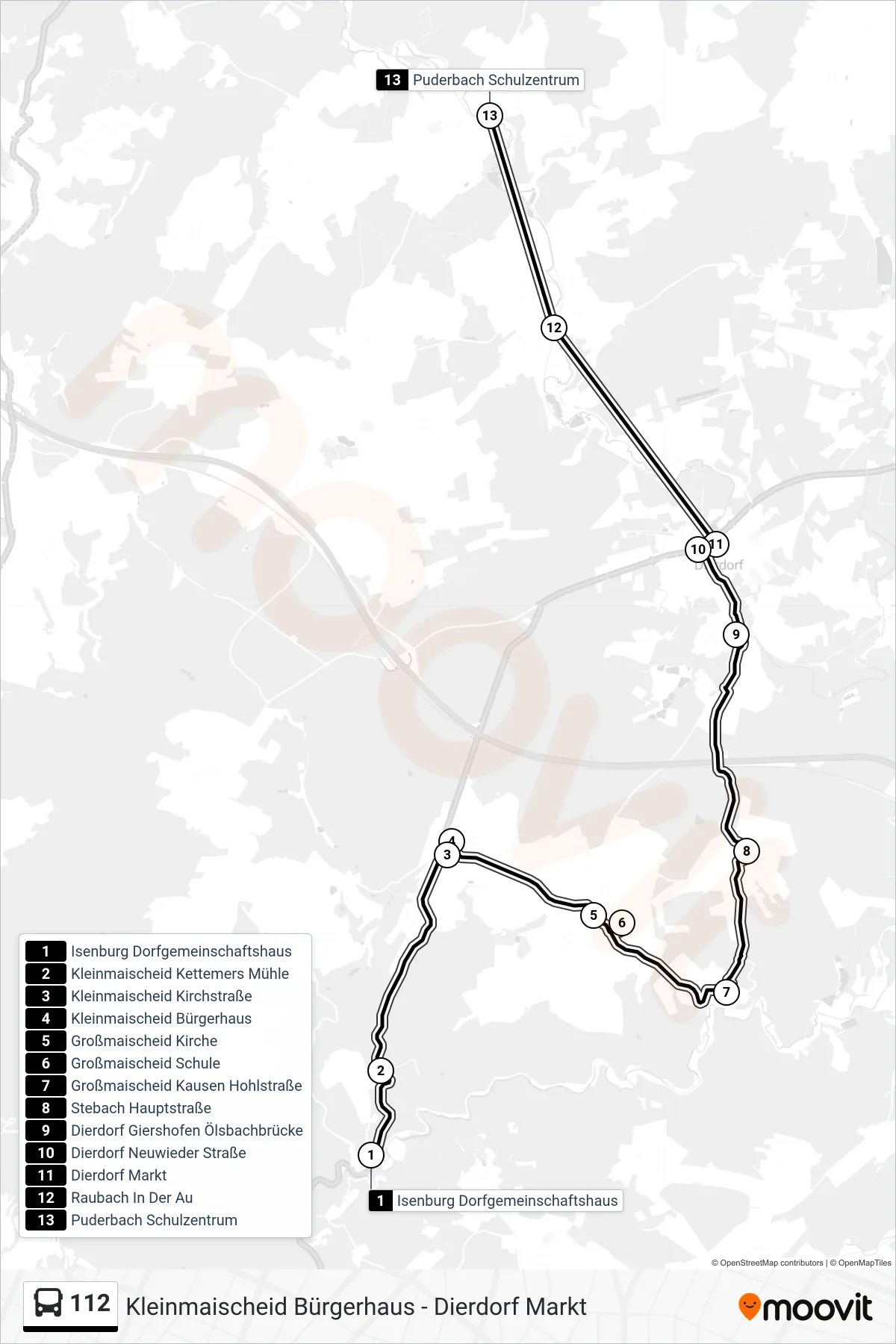 112 bus Line (Puderbach Schulzentrum) route and stops on a map
