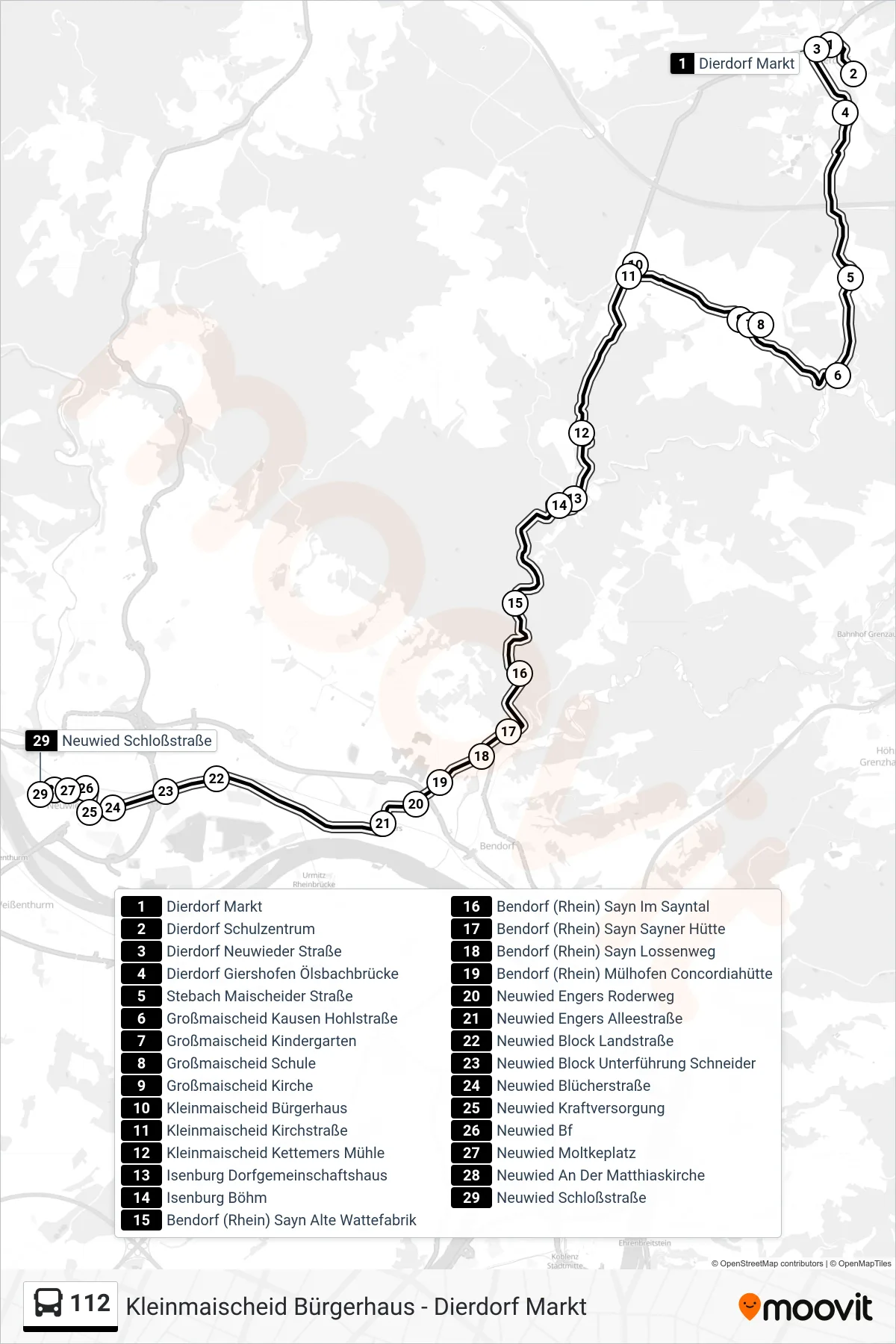112 bus Line (Neuwied Schloßstraße) route and stops on a map